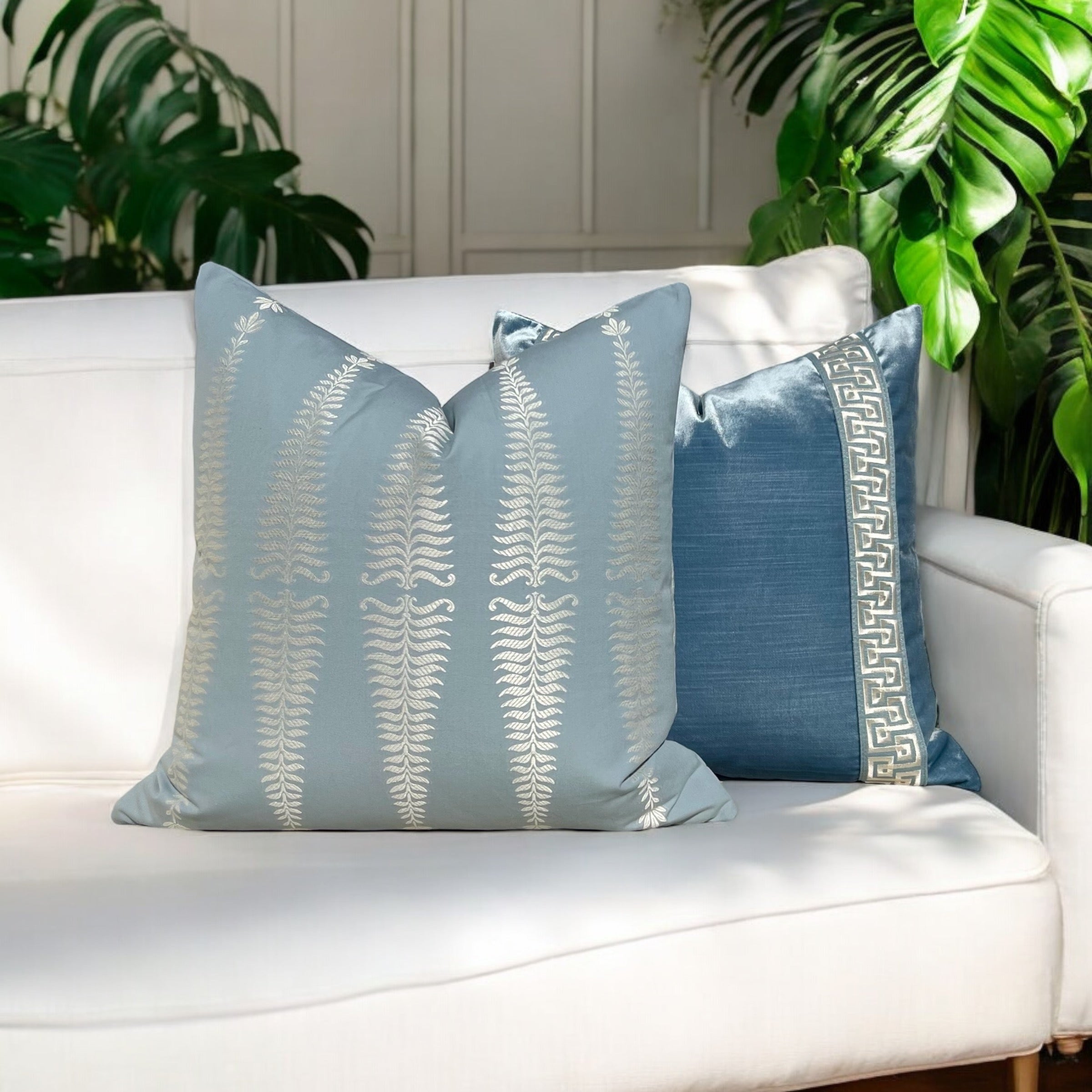 Designer Velvet Pillow in Blue with Greek Key Tape.