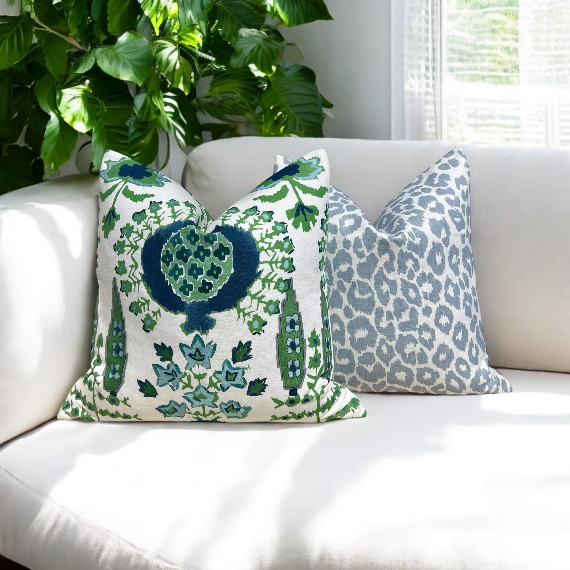 Schumacher Iconic Leopard Linen Pillow in Sky Blue.