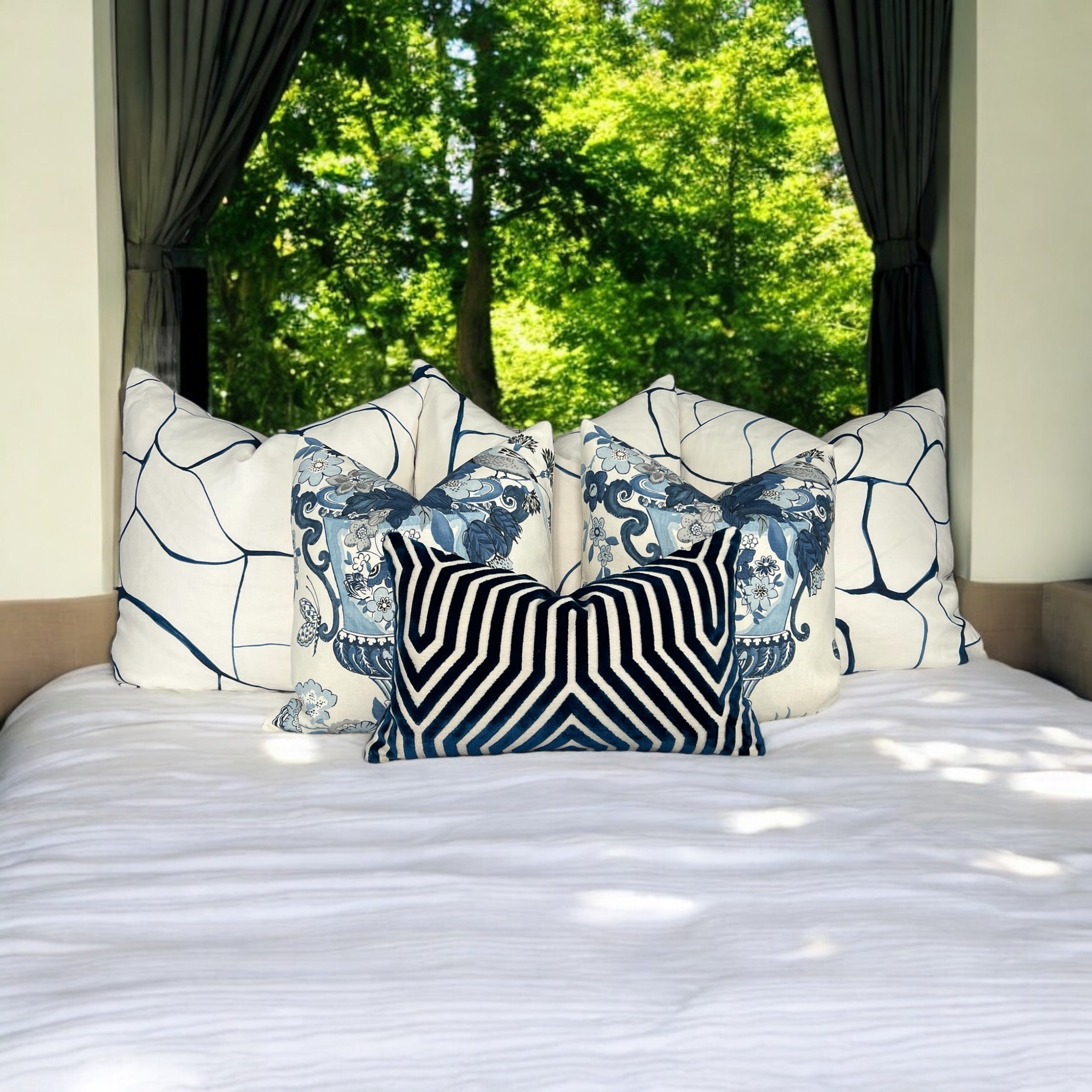 Schumacher Vanderbilt Velvet Pillow in Blue.