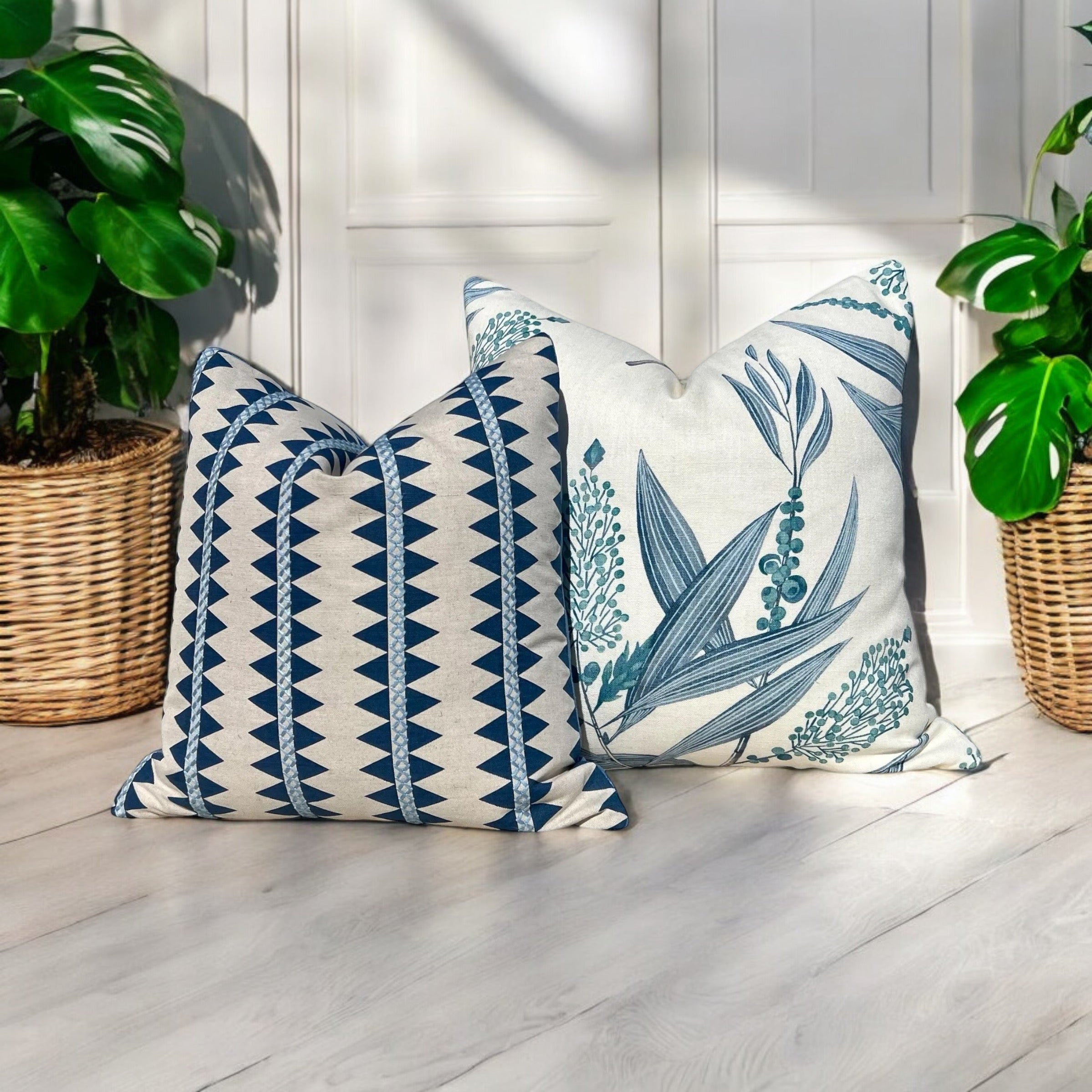 Thibaut Reno Stripe Embroidered Pillow Blue and Natural