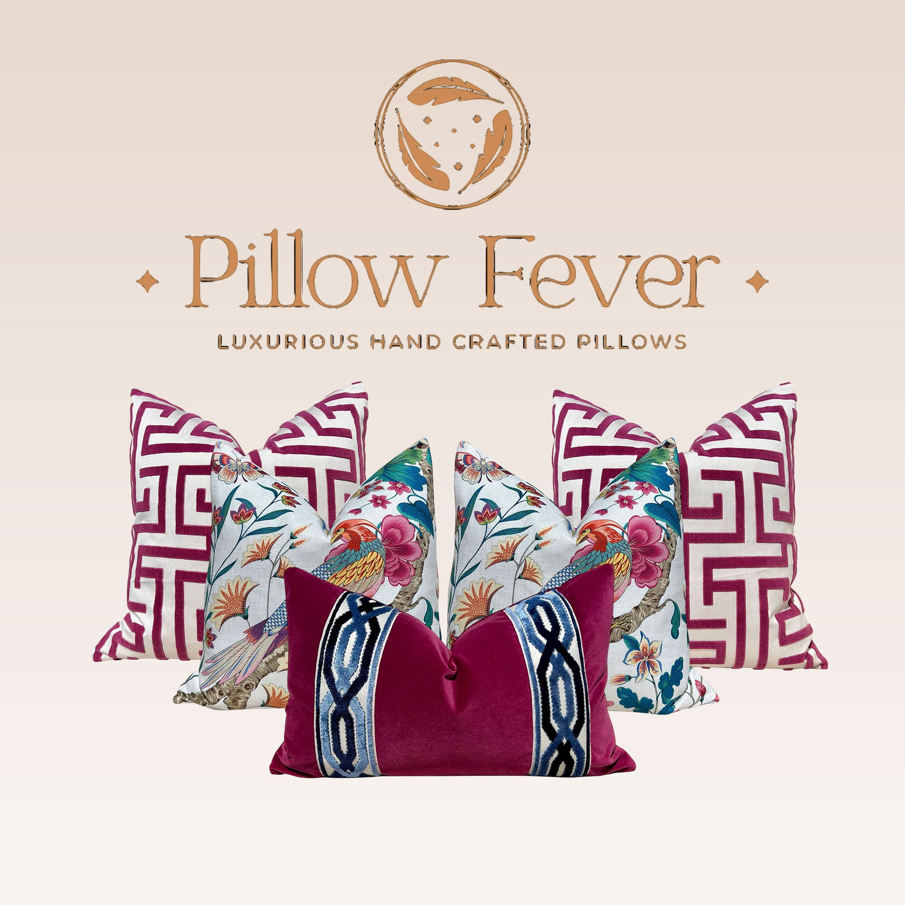 Fuchsia Velvet Pillow with Woven Jacquard Trim