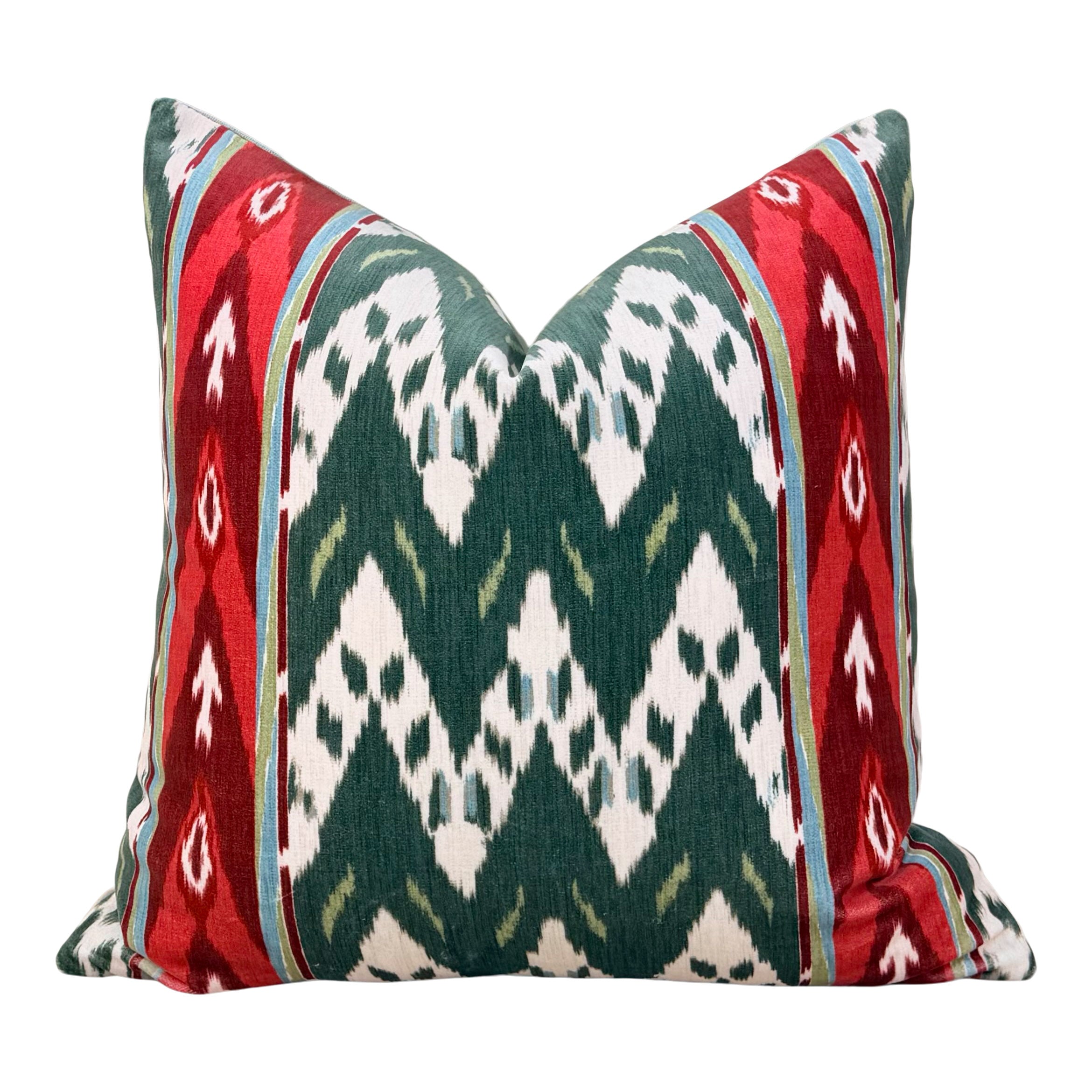 Schumacher Samar Ikat Velvet Pillow- Green,Red