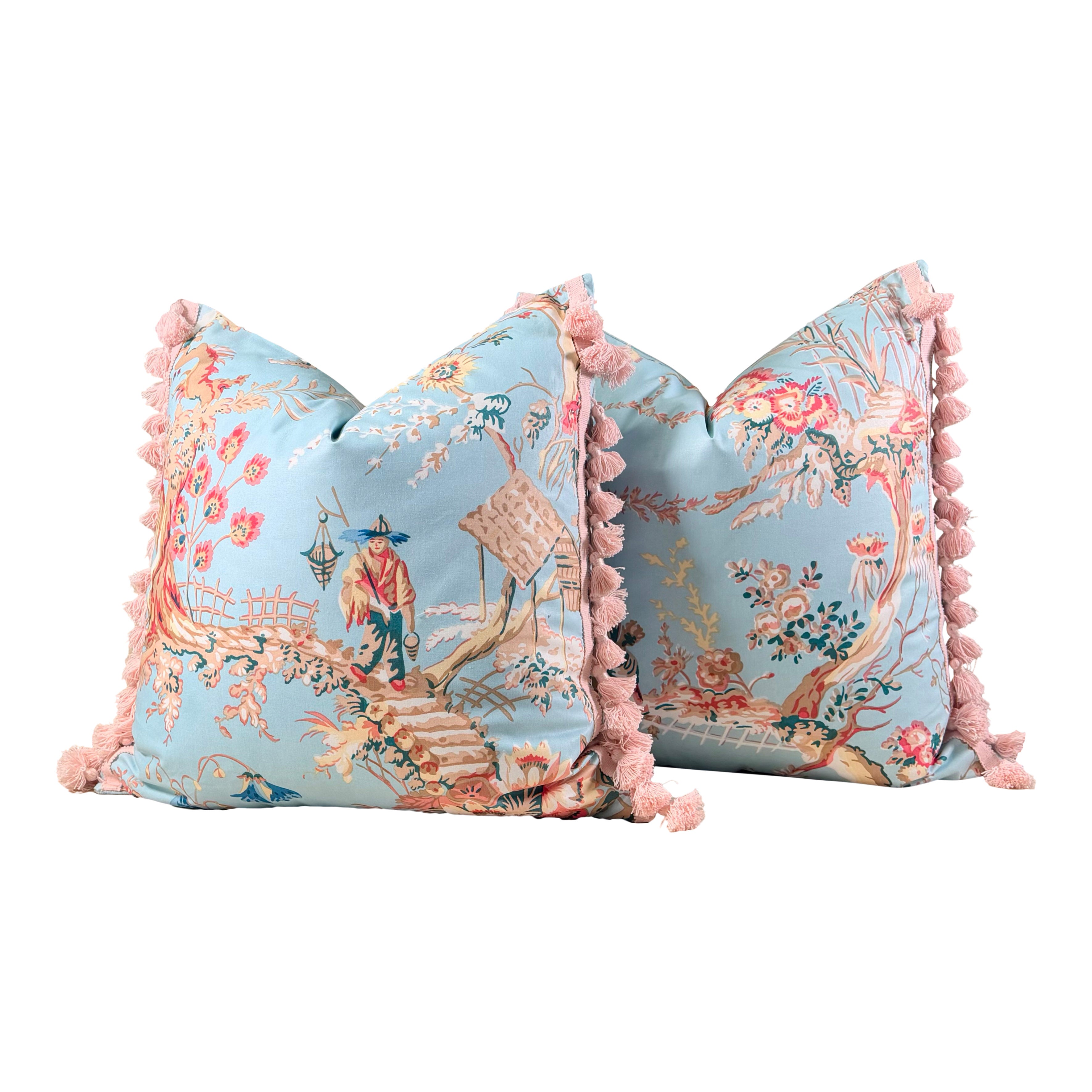 Brunschwig and Fills Chinese Landscape Cotton Pillow - Sky Blue, Pink Tassels