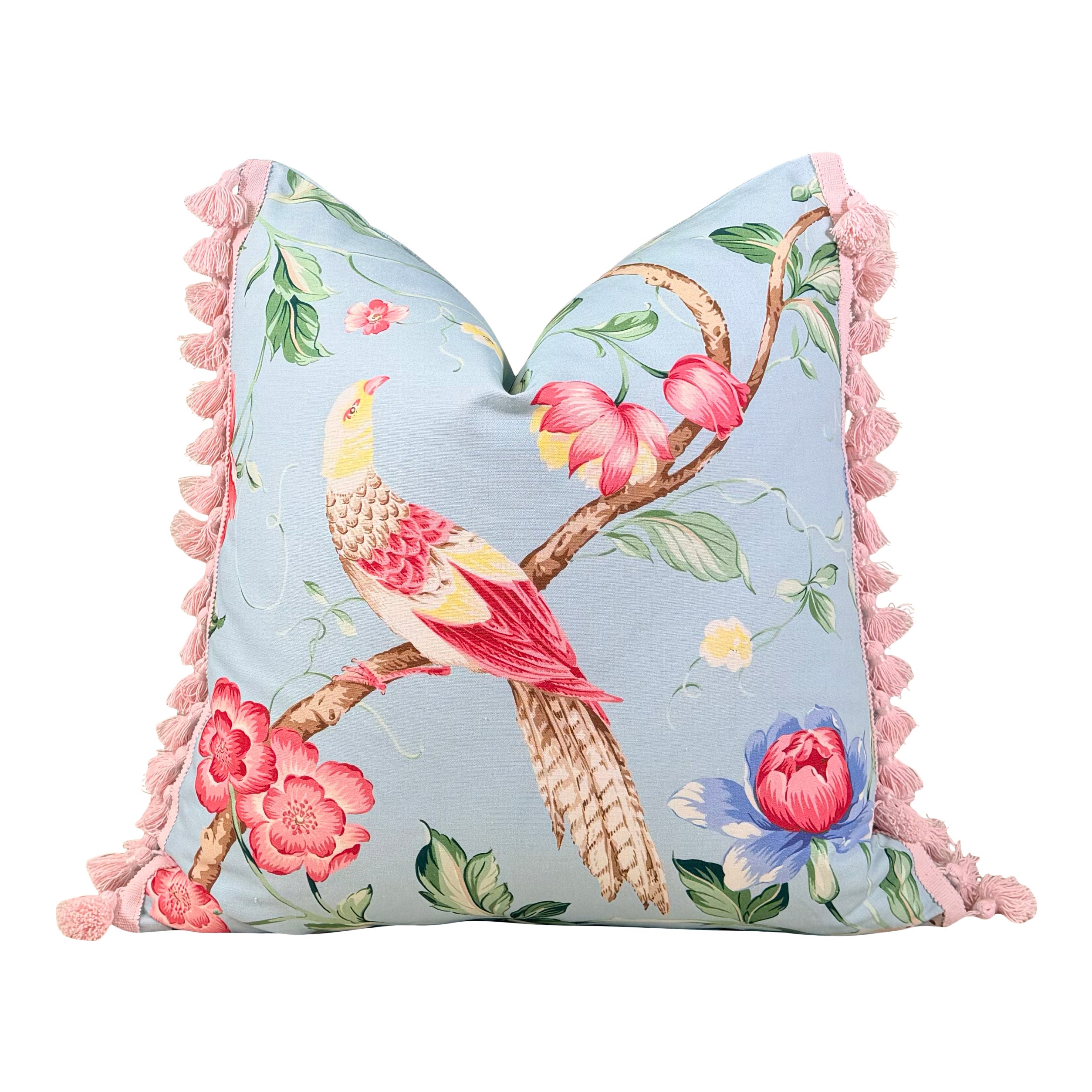 Scalamandre Orienteaux Pillow - Sky Blue, Pink Tassels
