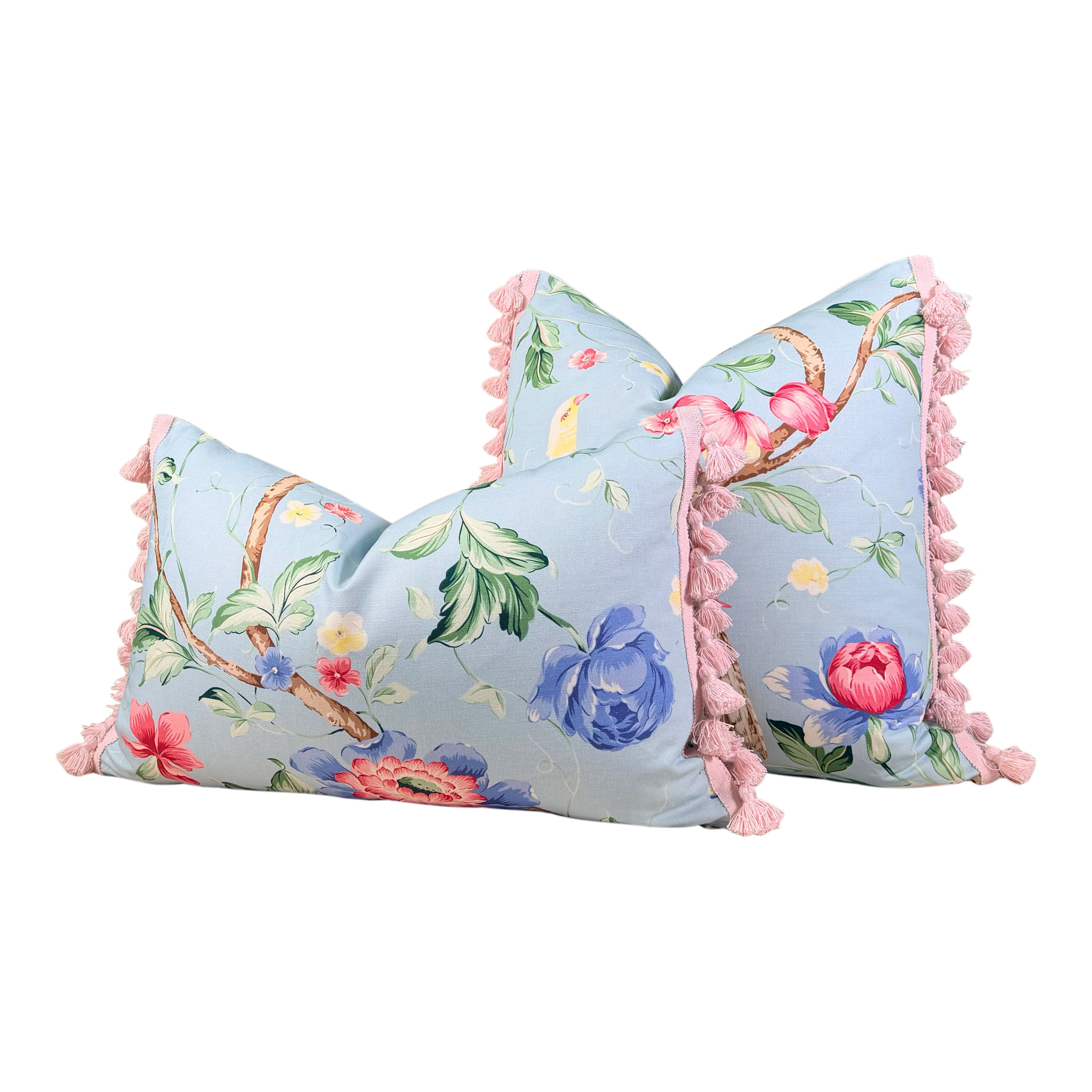 Scalamandre Orienteaux Pillow - Sky Blue, Pink Tassels