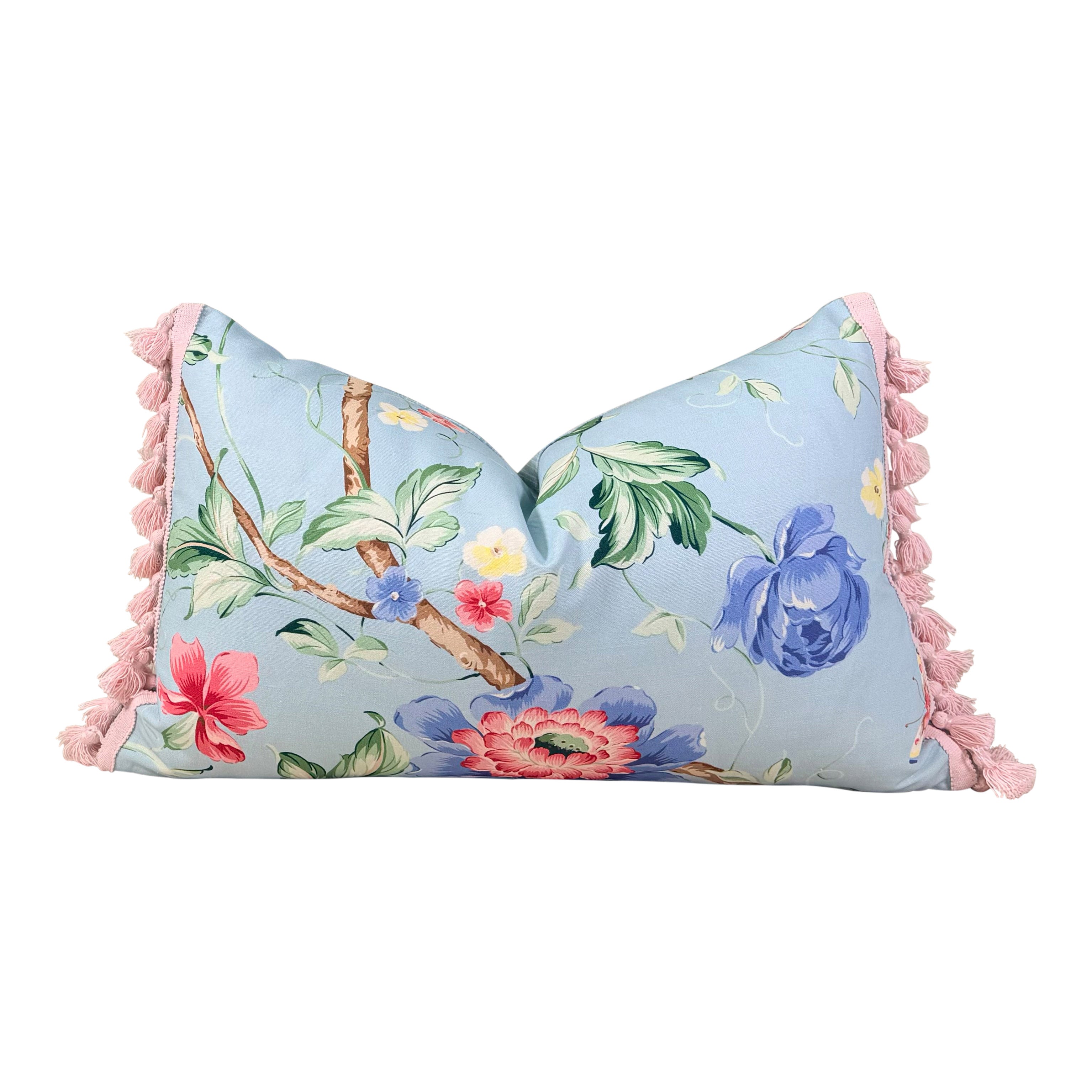 Scalamandre Orienteaux Pillow - Sky Blue, Pink Tassels