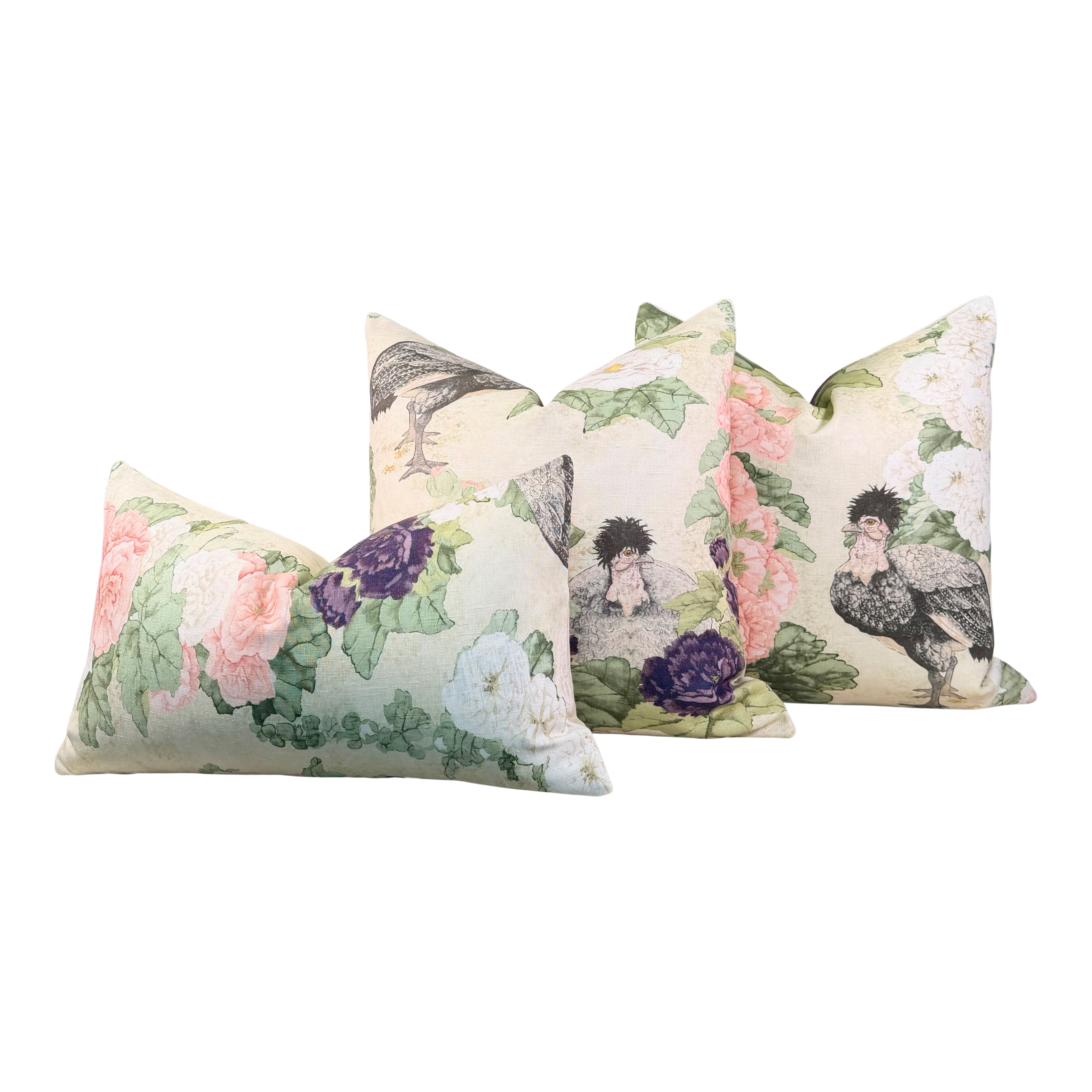 Schumacher Lady Hollyhock Linen Pillow - Cream, Blush, Sage Green