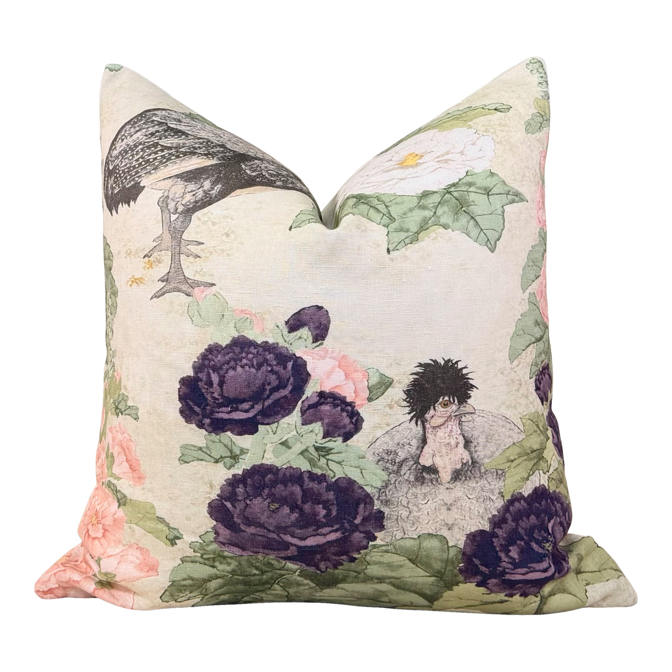 Schumacher Lady Hollyhock Linen Pillow - Cream, Blush, Sage Green