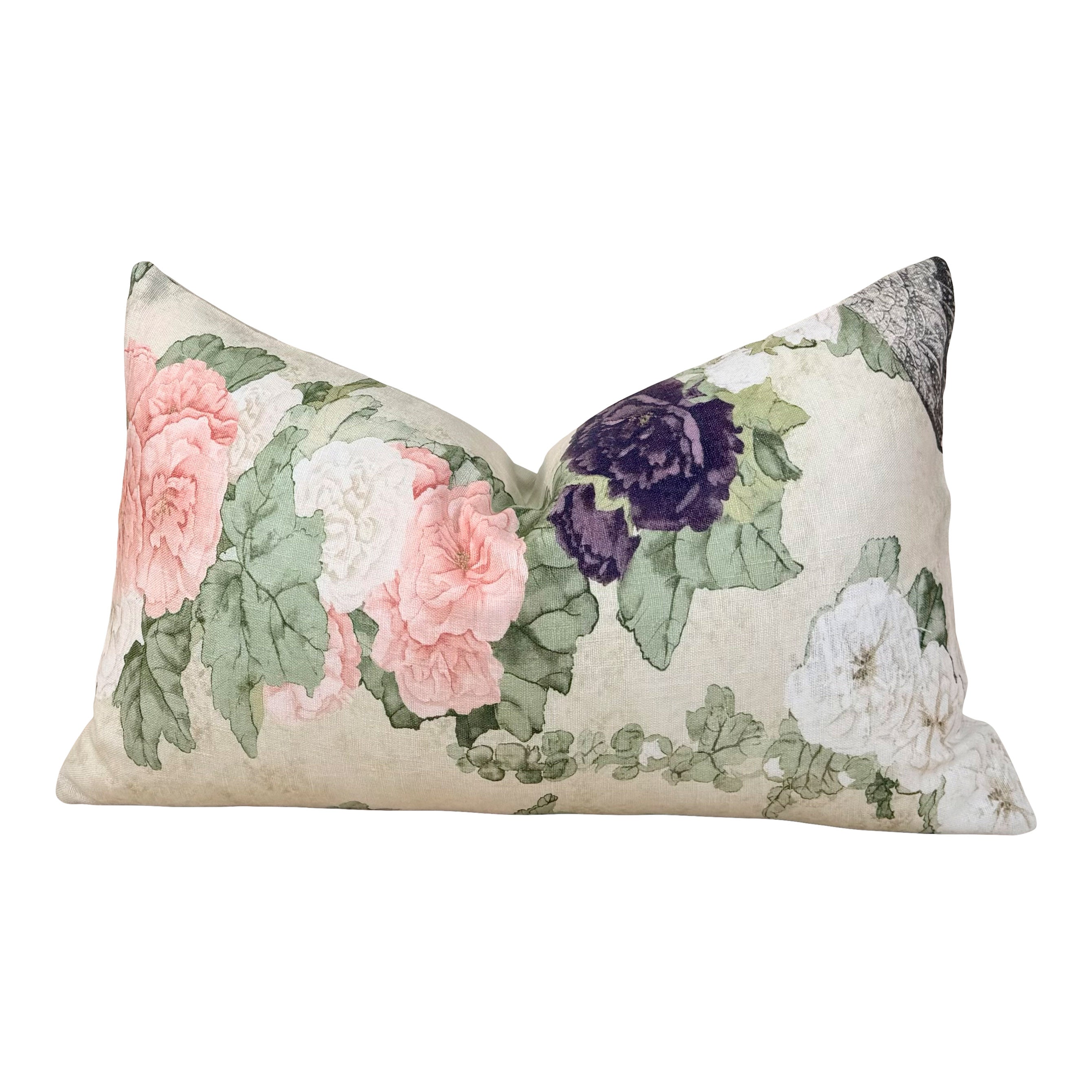 Schumacher Lady Hollyhock Linen Pillow - Cream, Blush, Sage Green