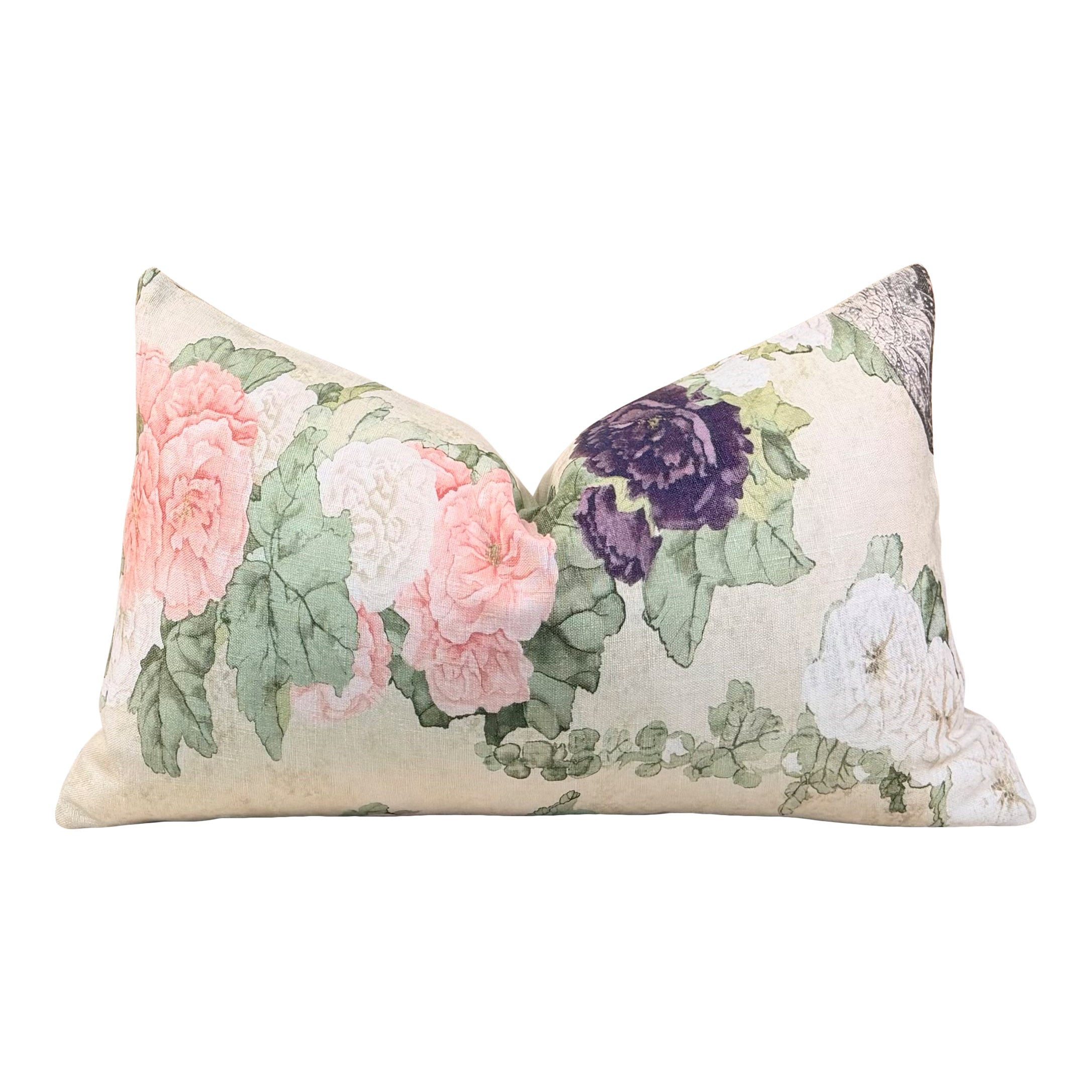 Schumacher Lady Hollyhock Linen Pillow - Cream, Blush, Sage Green