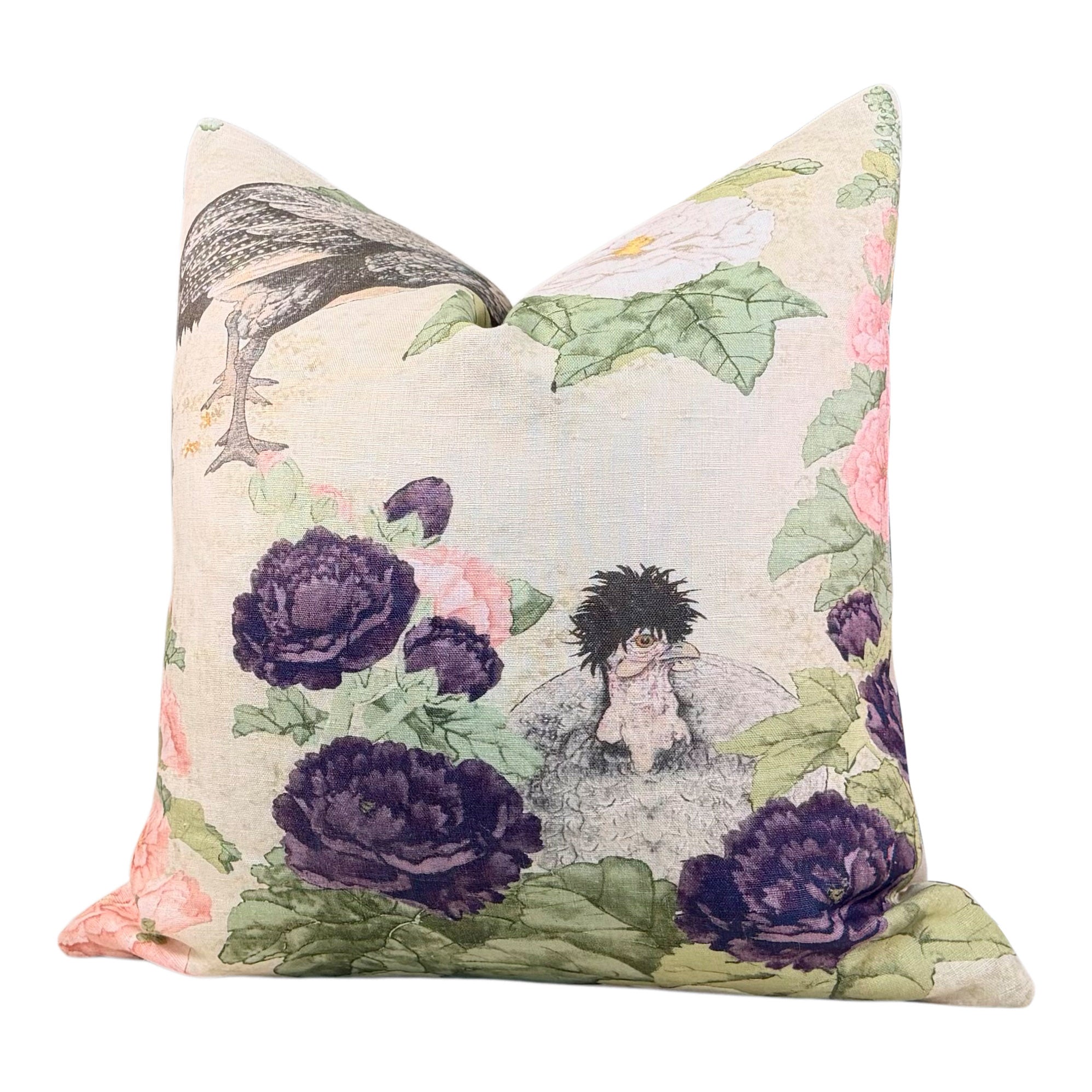 Schumacher Lady Hollyhock Linen Pillow - Cream, Blush, Sage Green