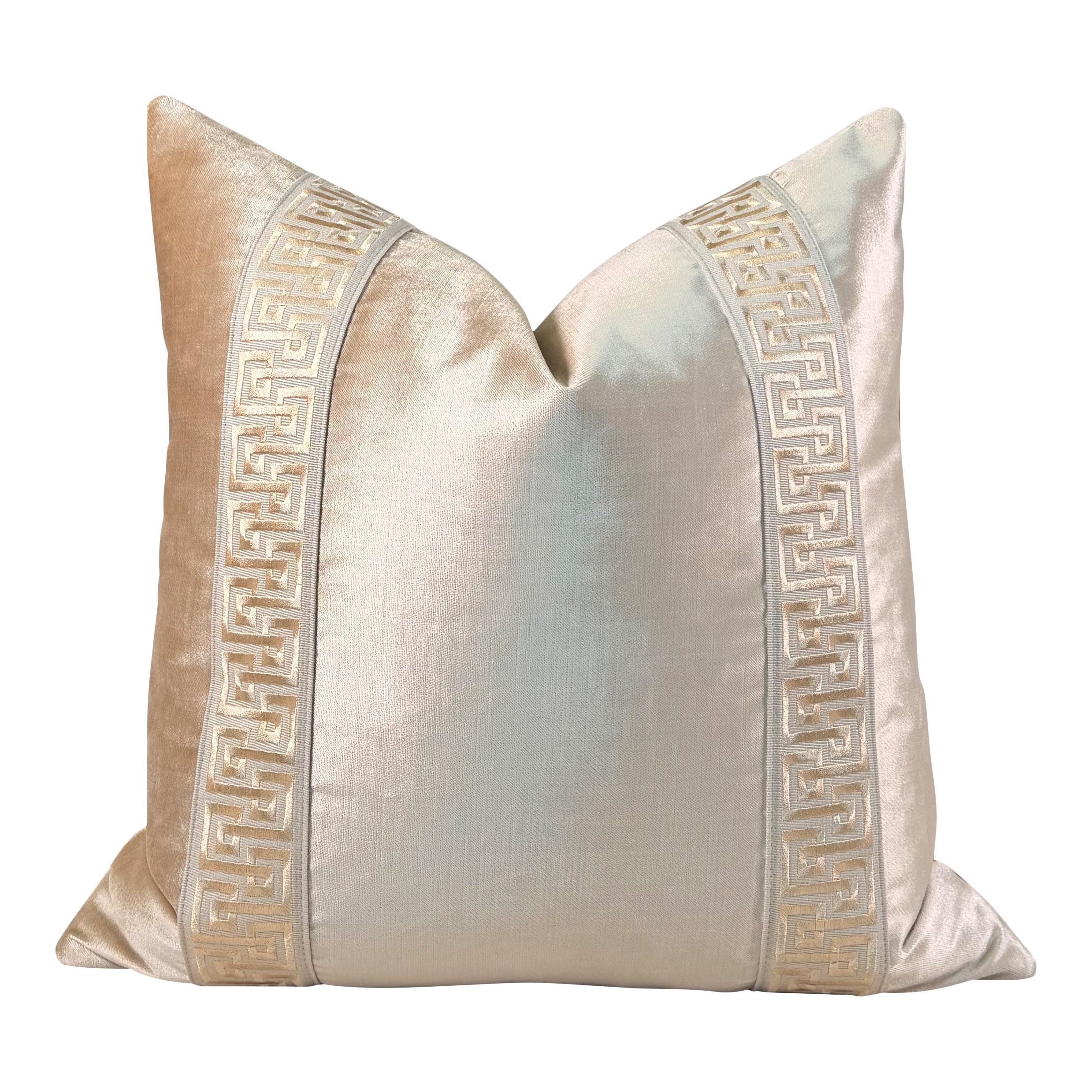 Designer Velvet Pillow - Luminous Warm Gold, Greek Key Trim