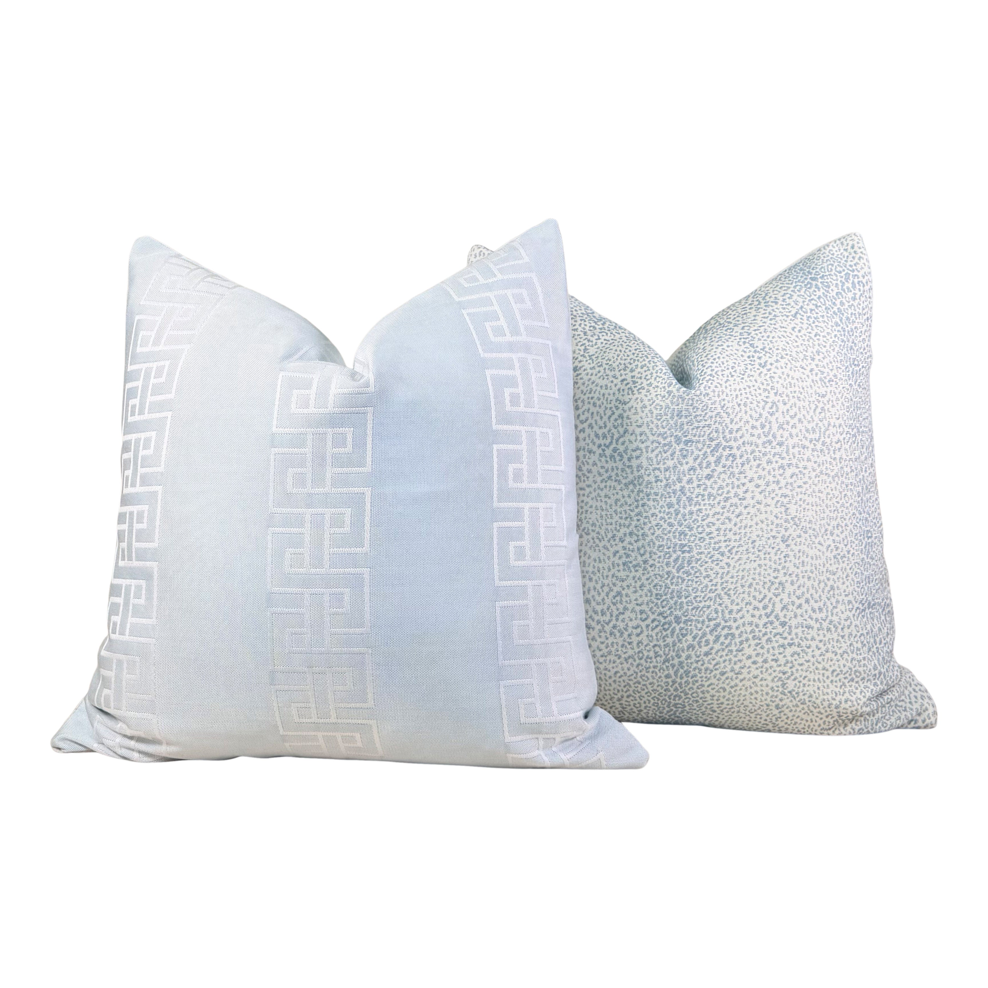 Outdoor Embroidered Greek Key Pillow - Ice Blue