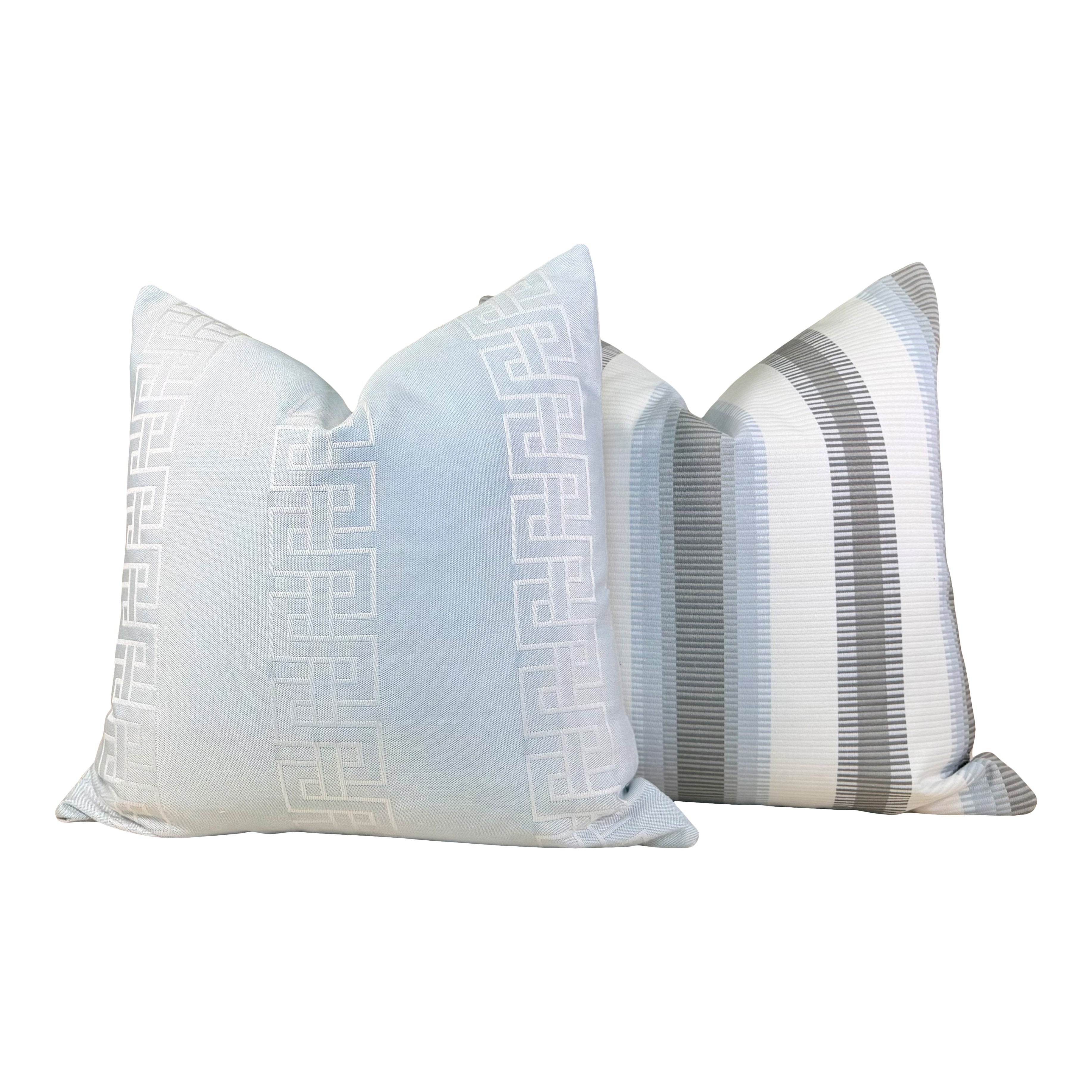 Outdoor Embroidered Greek Key Pillow - Ice Blue