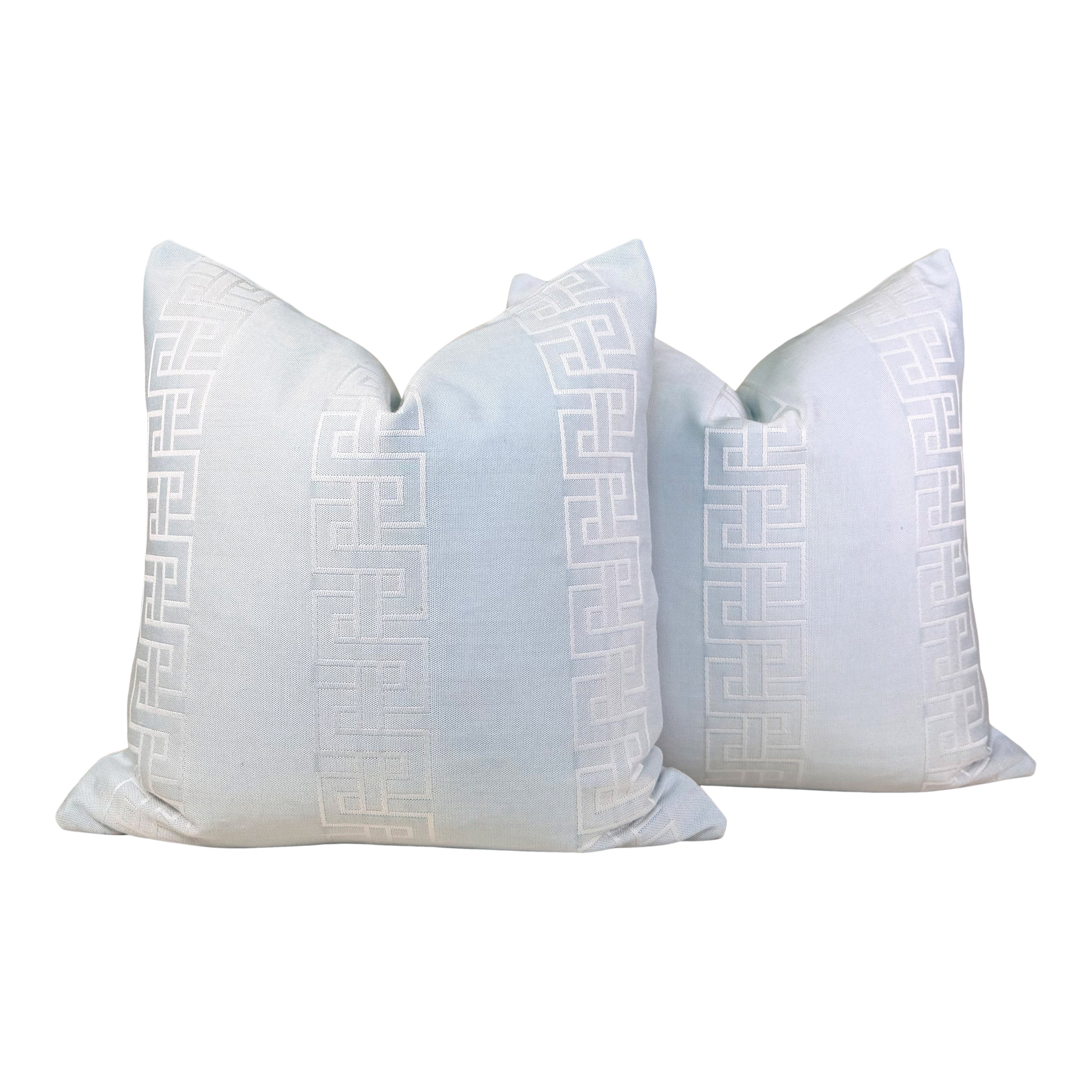 Outdoor Embroidered Greek Key Pillow - Ice Blue