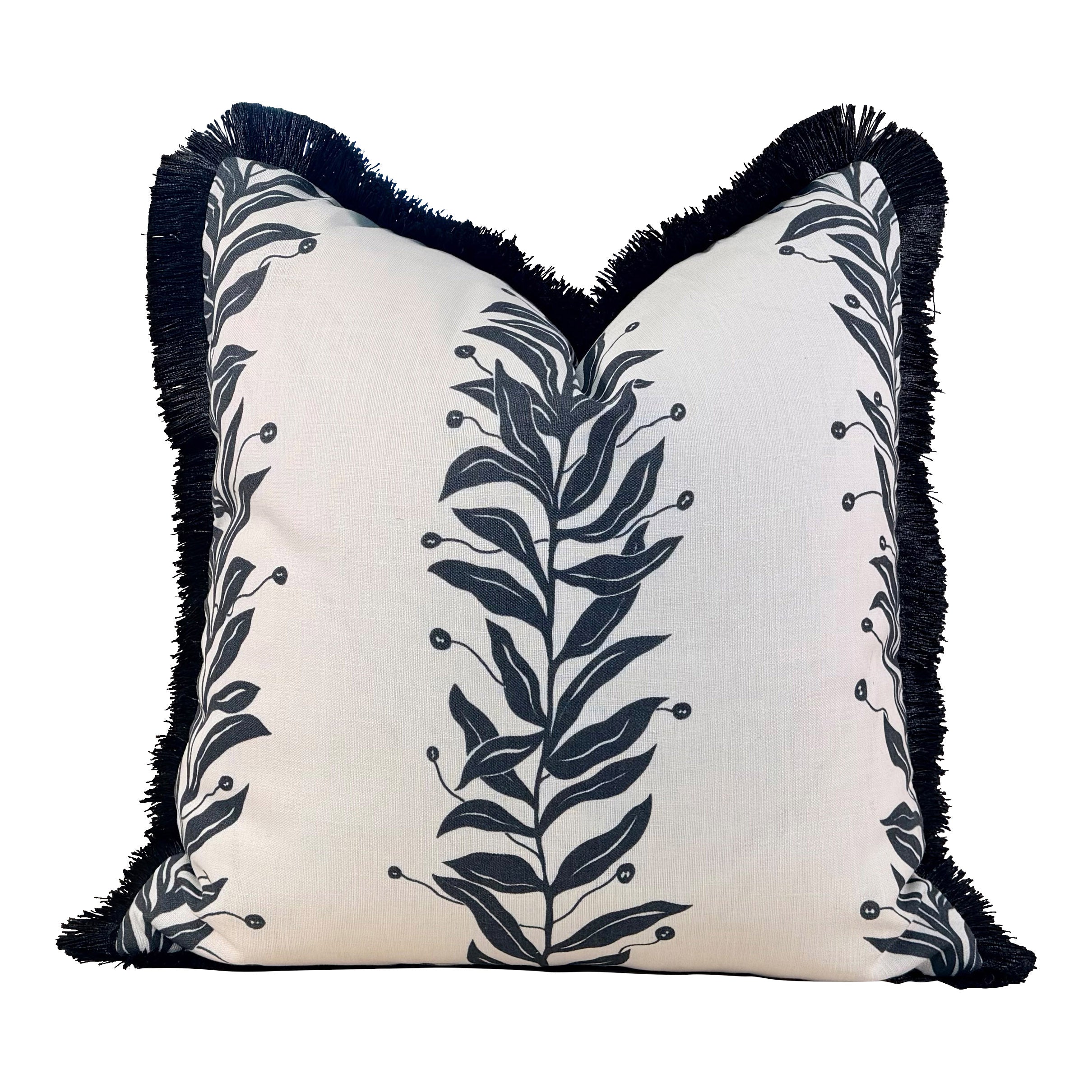 Schumacher Tendril Stripe Outdoor Pillow - Black, White, Black Brush Fringe