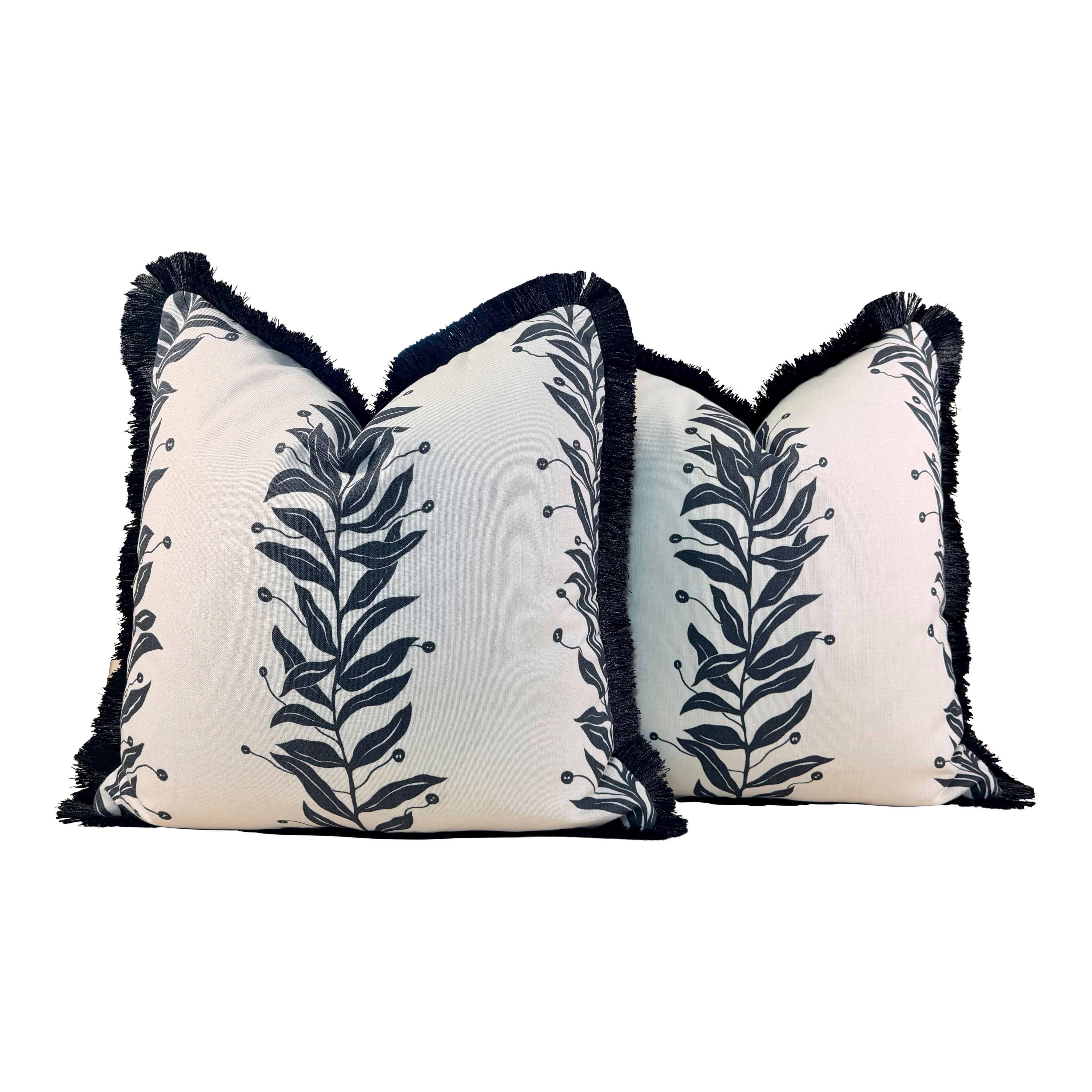 Schumacher Tendril Stripe Outdoor Pillow - Black, White, Black Brush Fringe