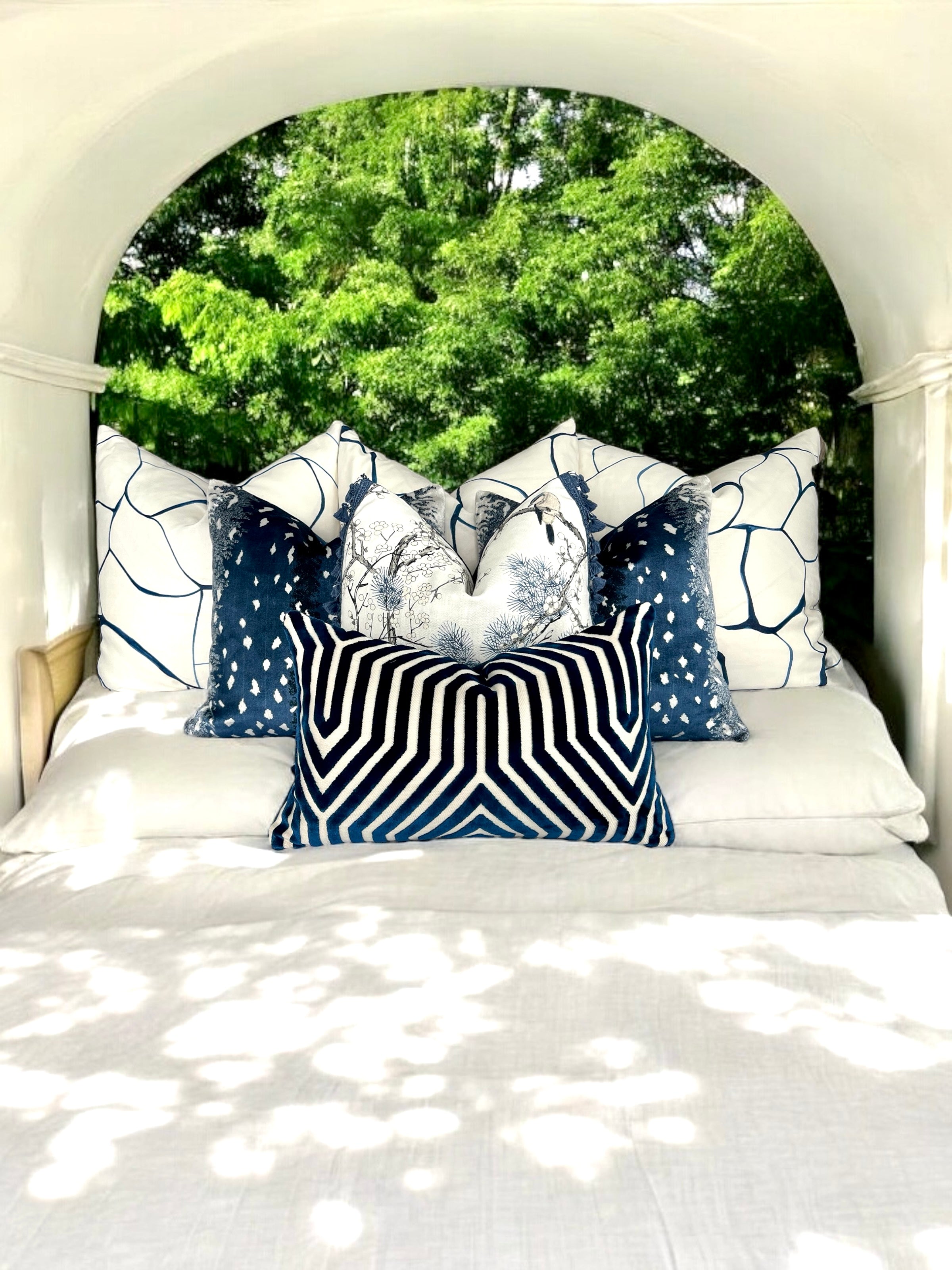 Schumacher Vanderbilt Velvet Pillow in Blue.