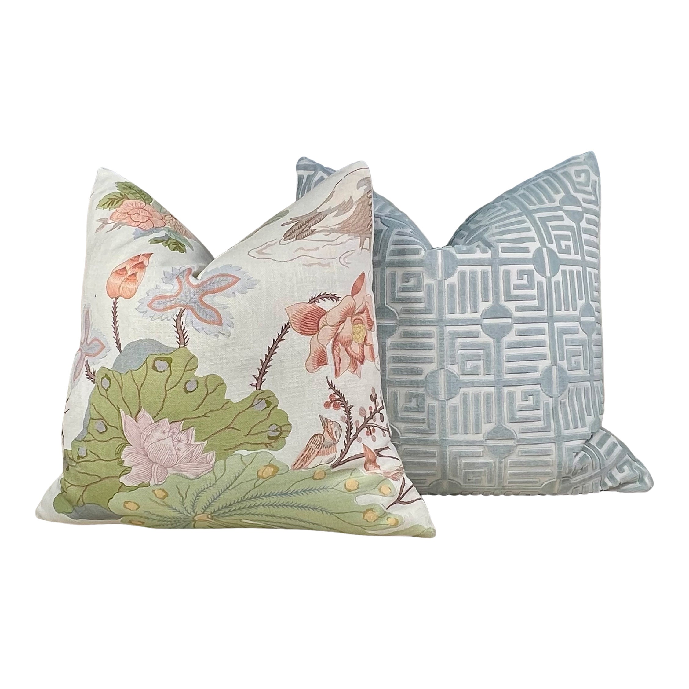 Schumacher Rubus Pillow in Blush and Sage Green.