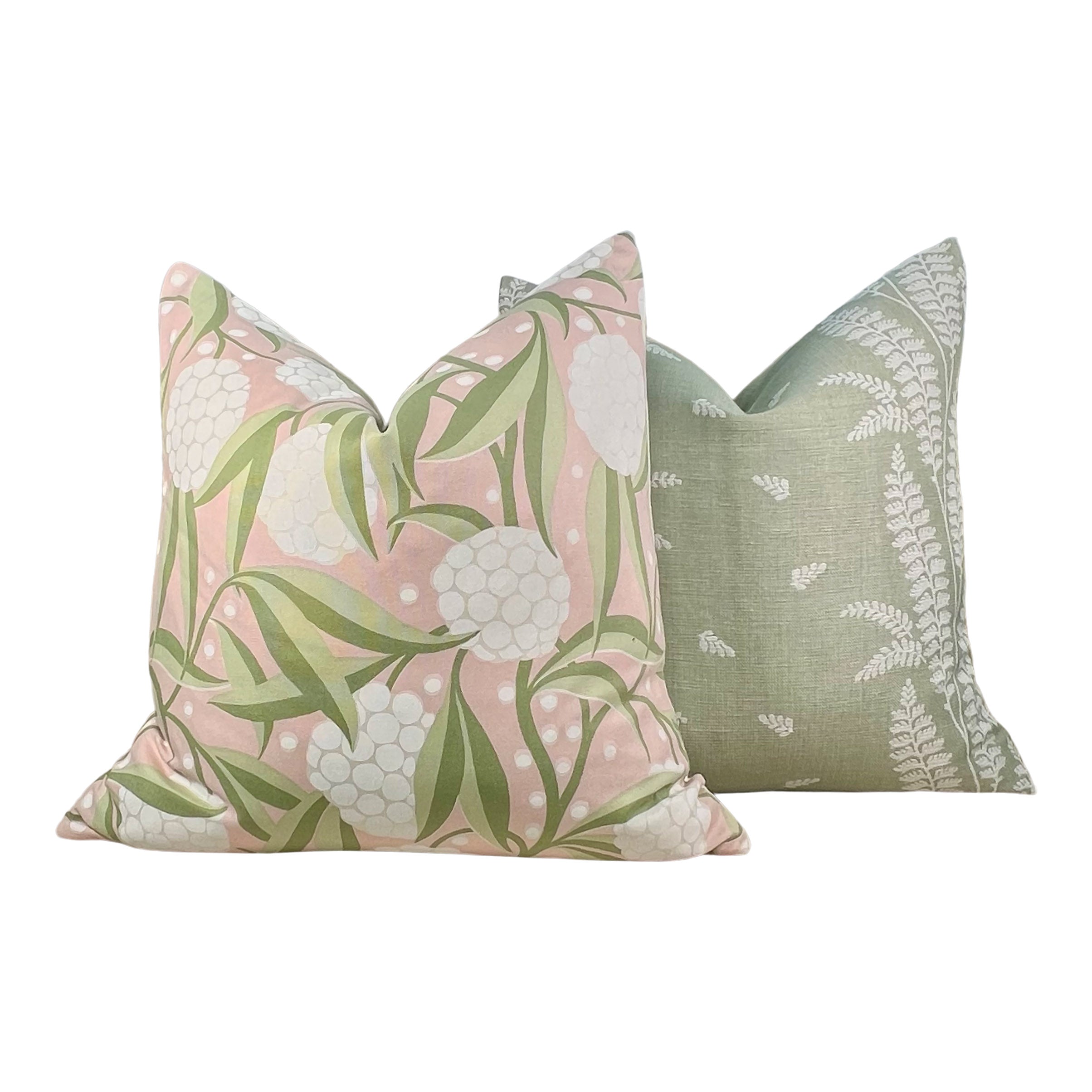 Schumacher Rubus Pillow in Blush and Sage Green.