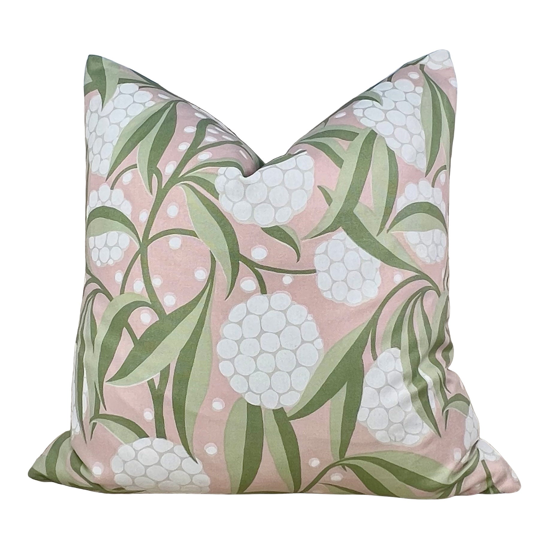 Schumacher Rubus Pillow in Blush and Sage Green.