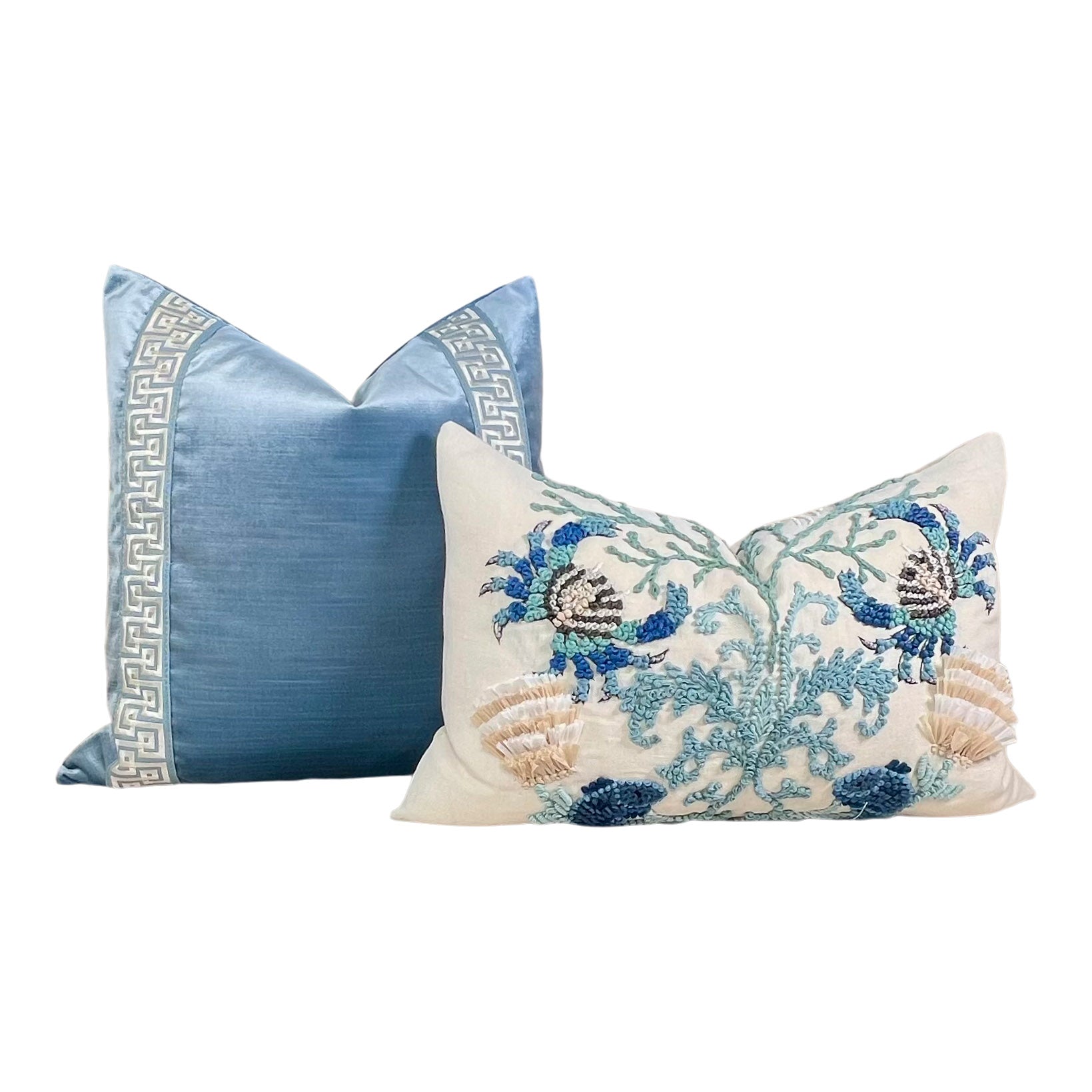 Designer Velvet Pillow in Blue with Greek Key Tape.