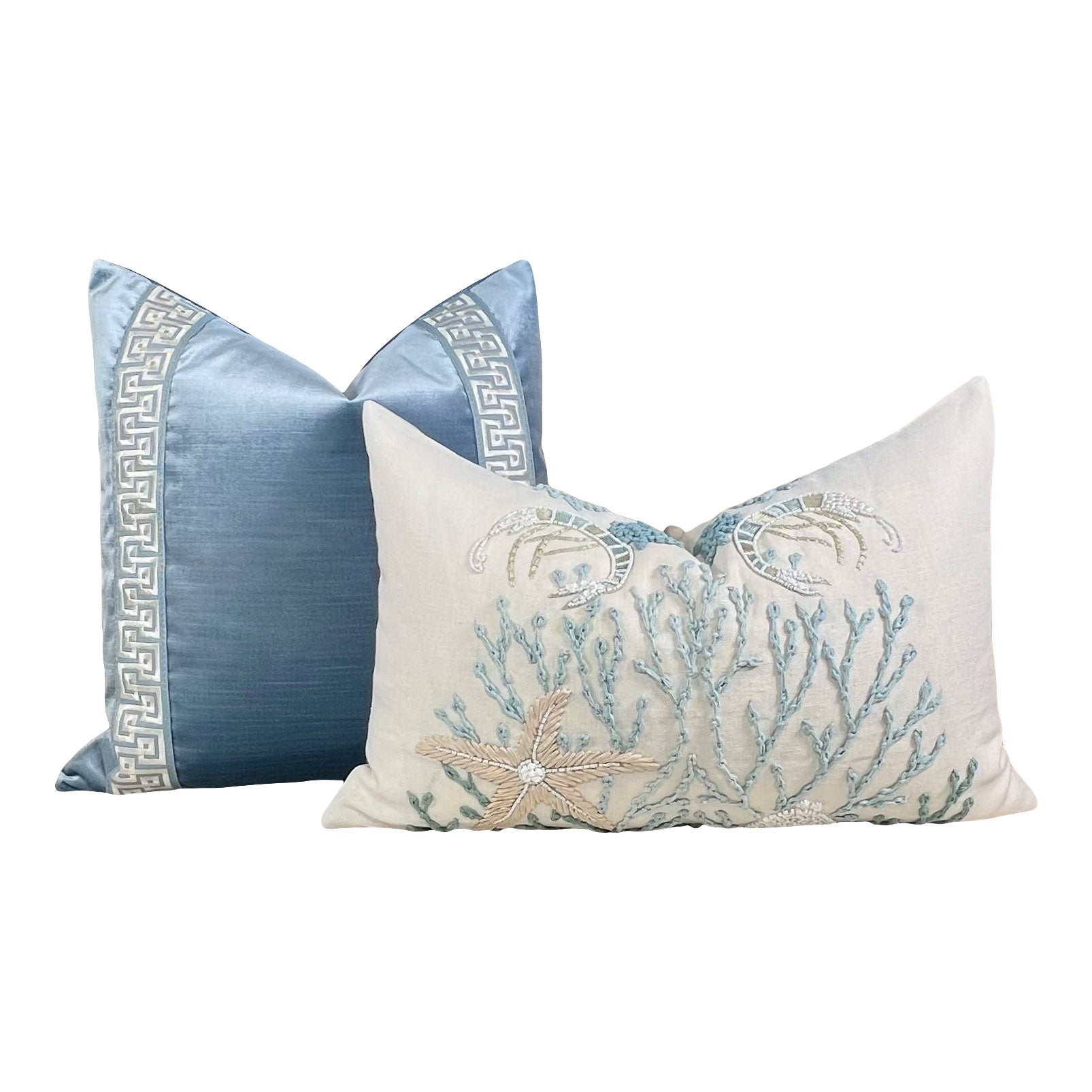 Designer Velvet Pillow in Blue with Greek Key Tape.