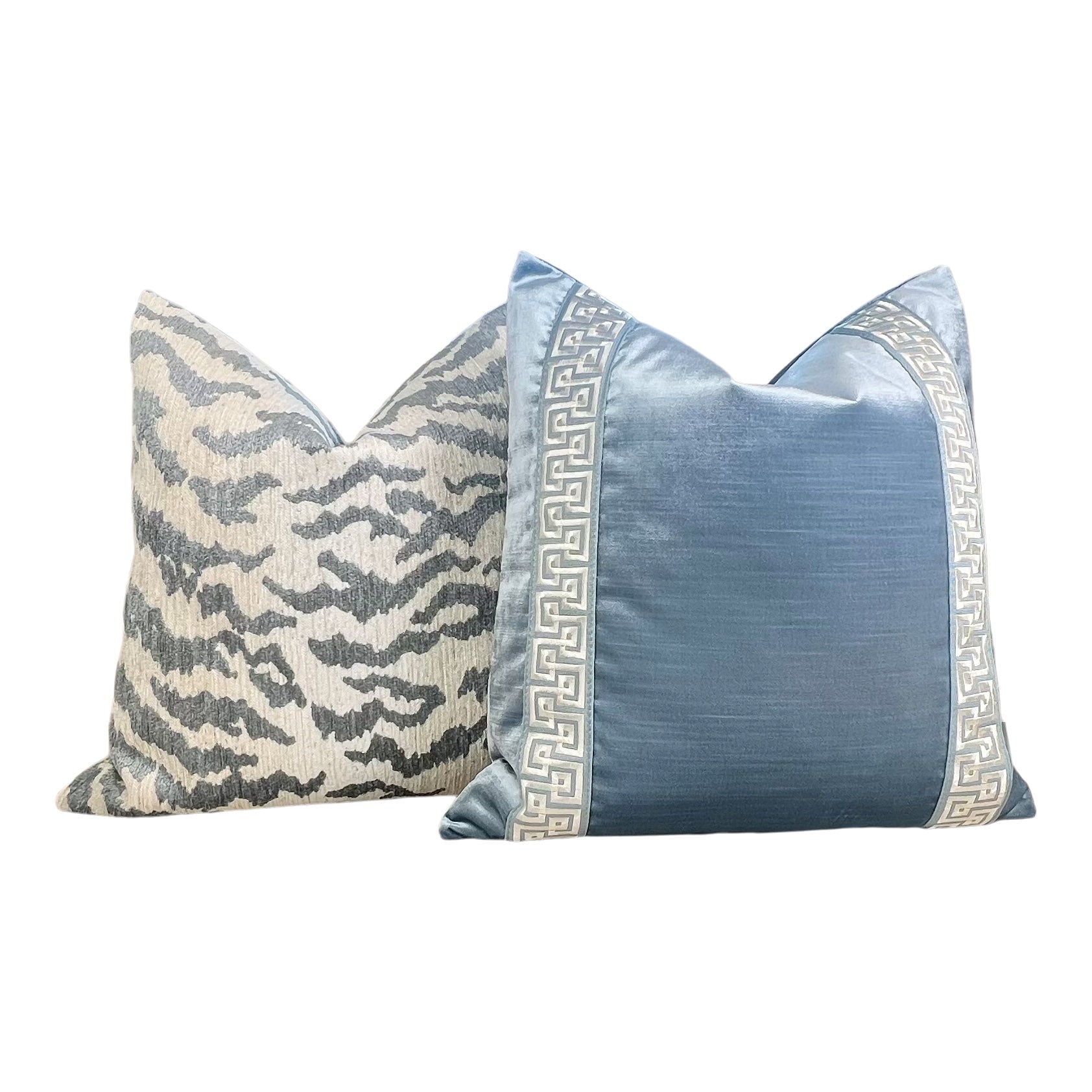 Designer Velvet Pillow in Blue with Greek Key Tape.