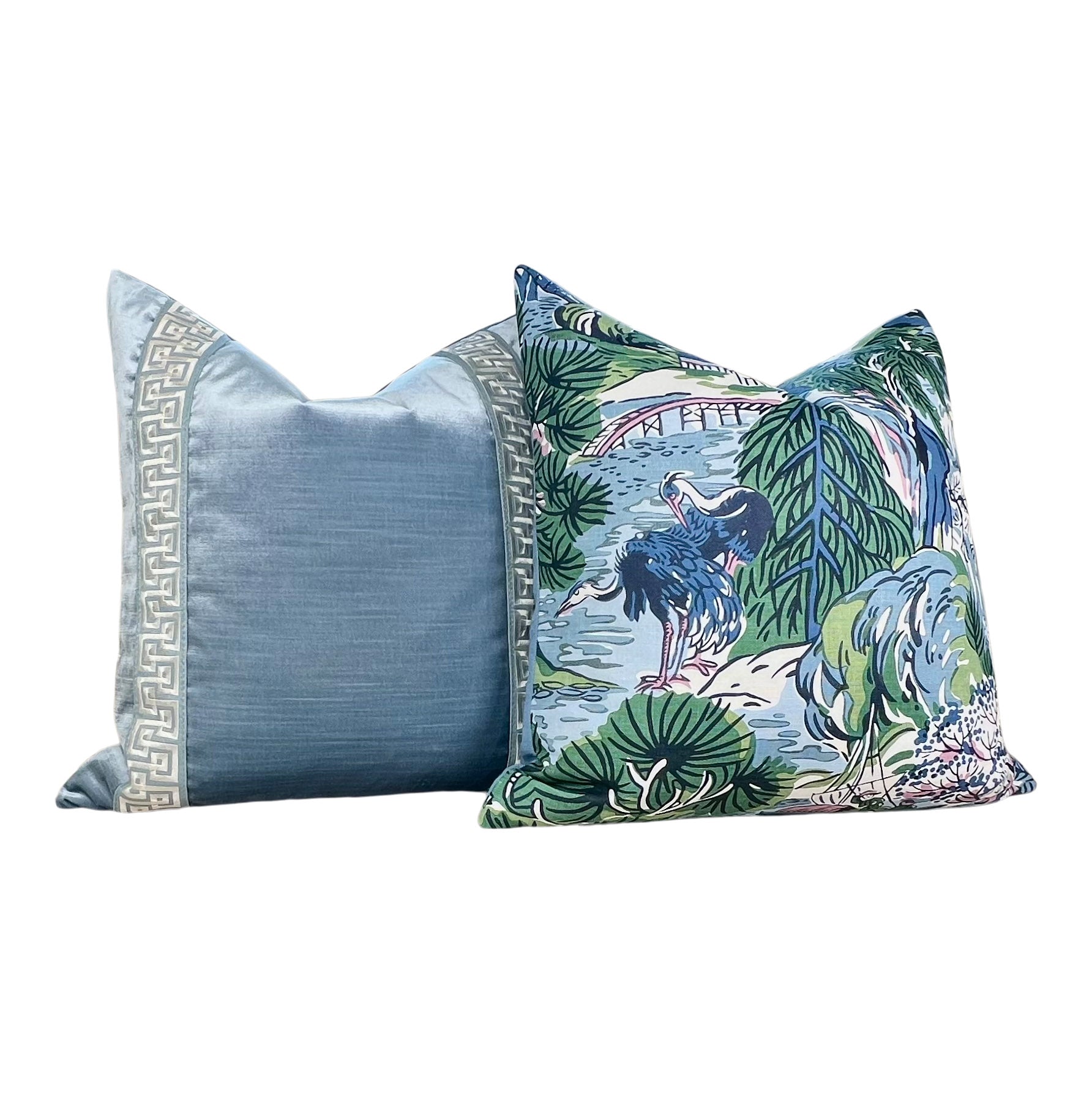 Designer Velvet Pillow in Blue with Greek Key Tape.