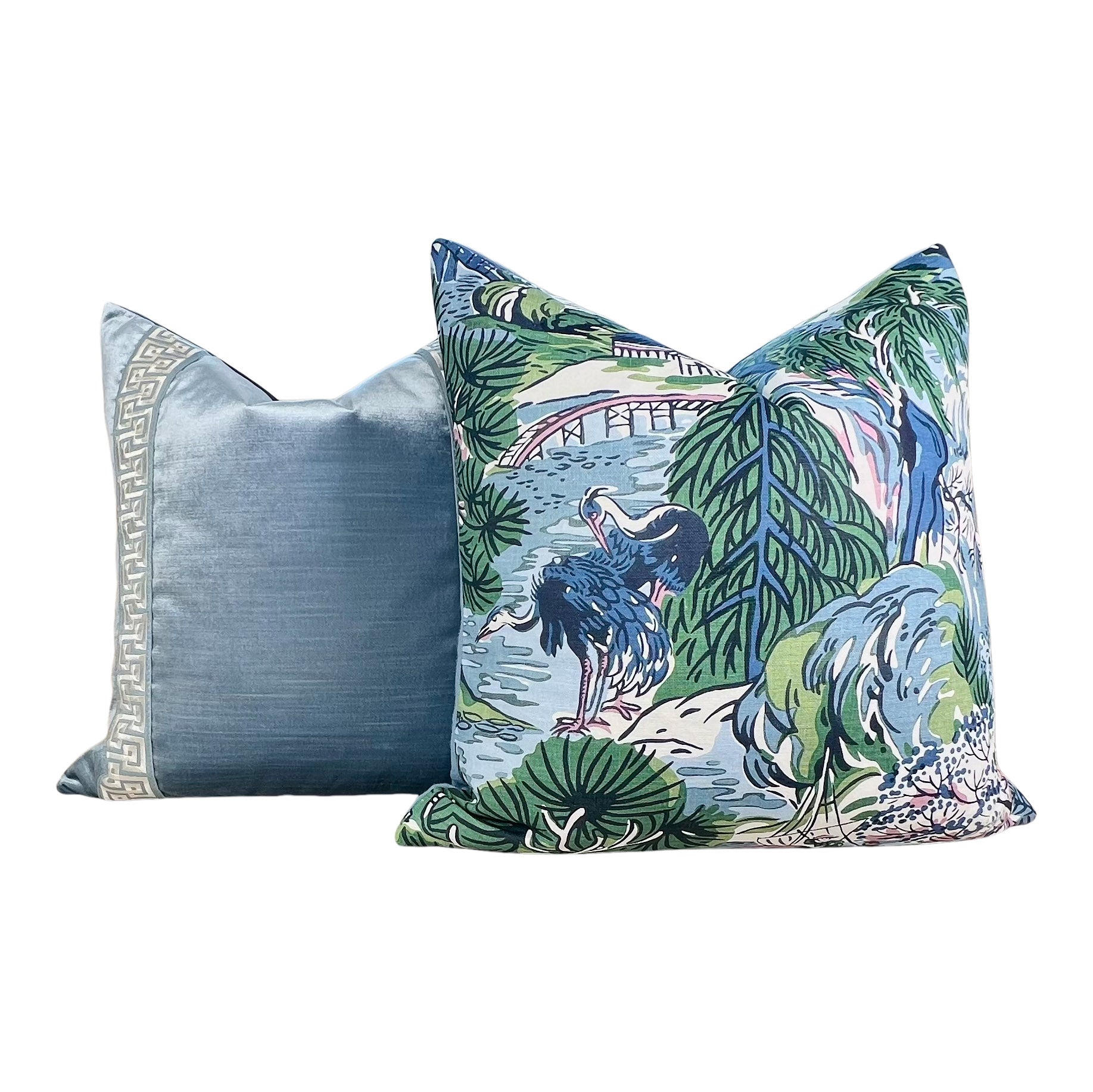 Designer Velvet Pillow in Blue with Greek Key Tape.