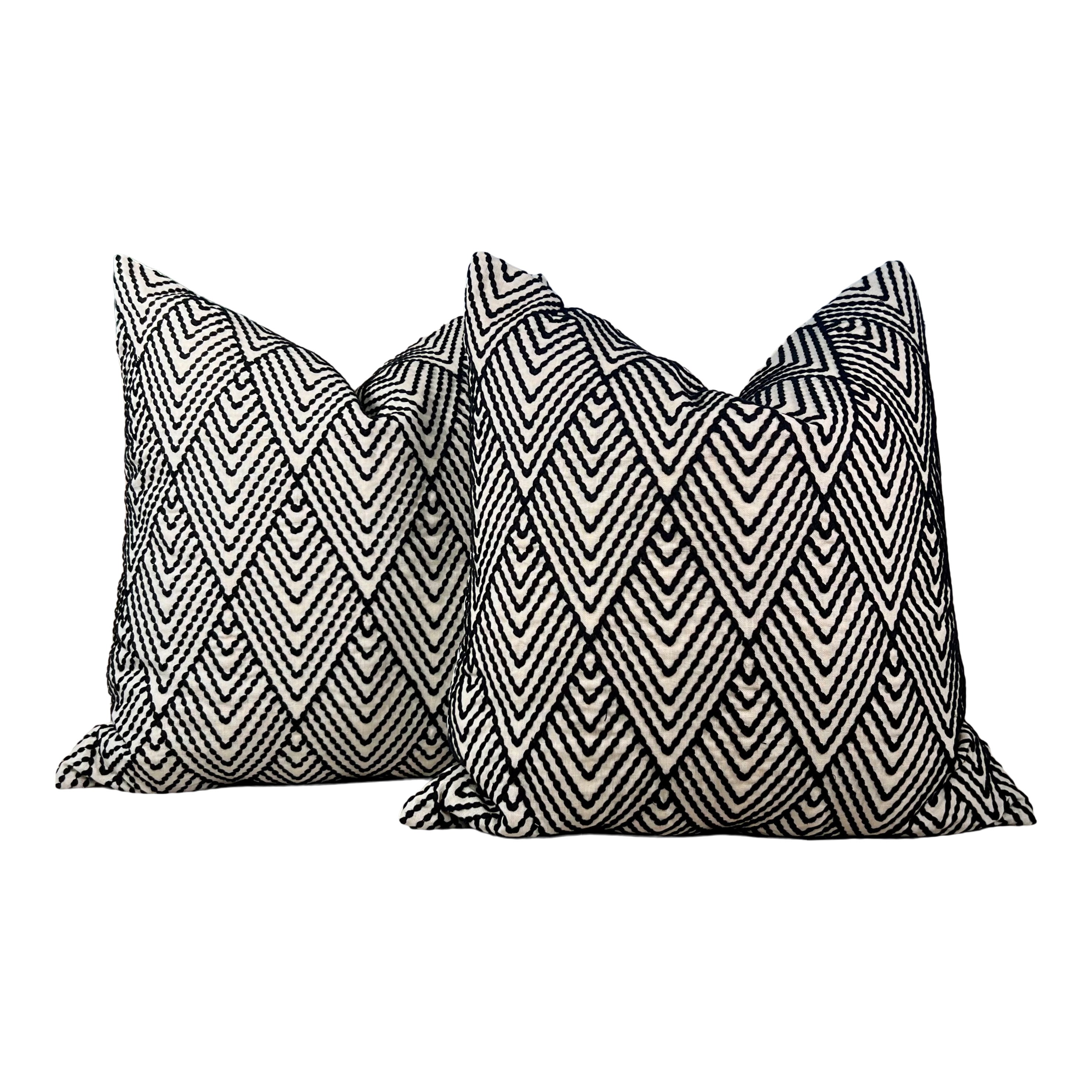 Schumacher Avila Embroidered Pillow in Black, Cream.