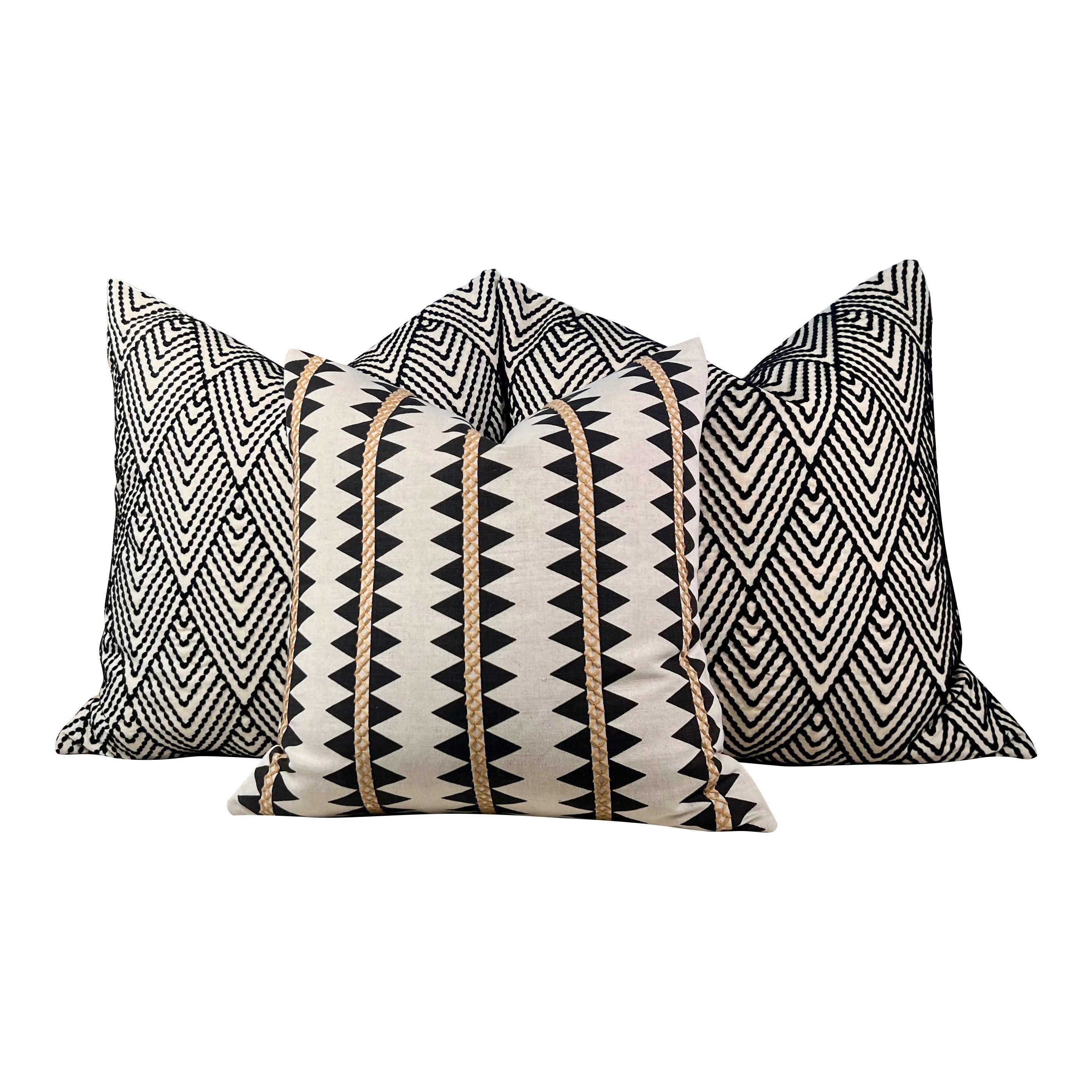 Schumacher Avila Embroidered Pillow in Black, Cream.