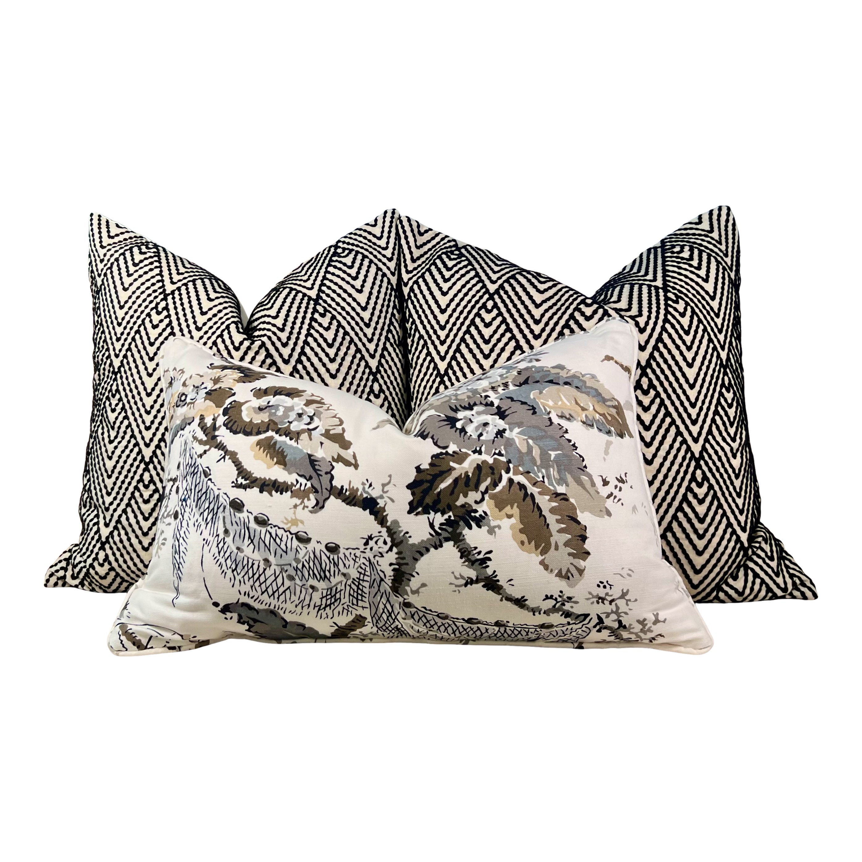 Schumacher Avila Embroidered Pillow in Black, Cream.