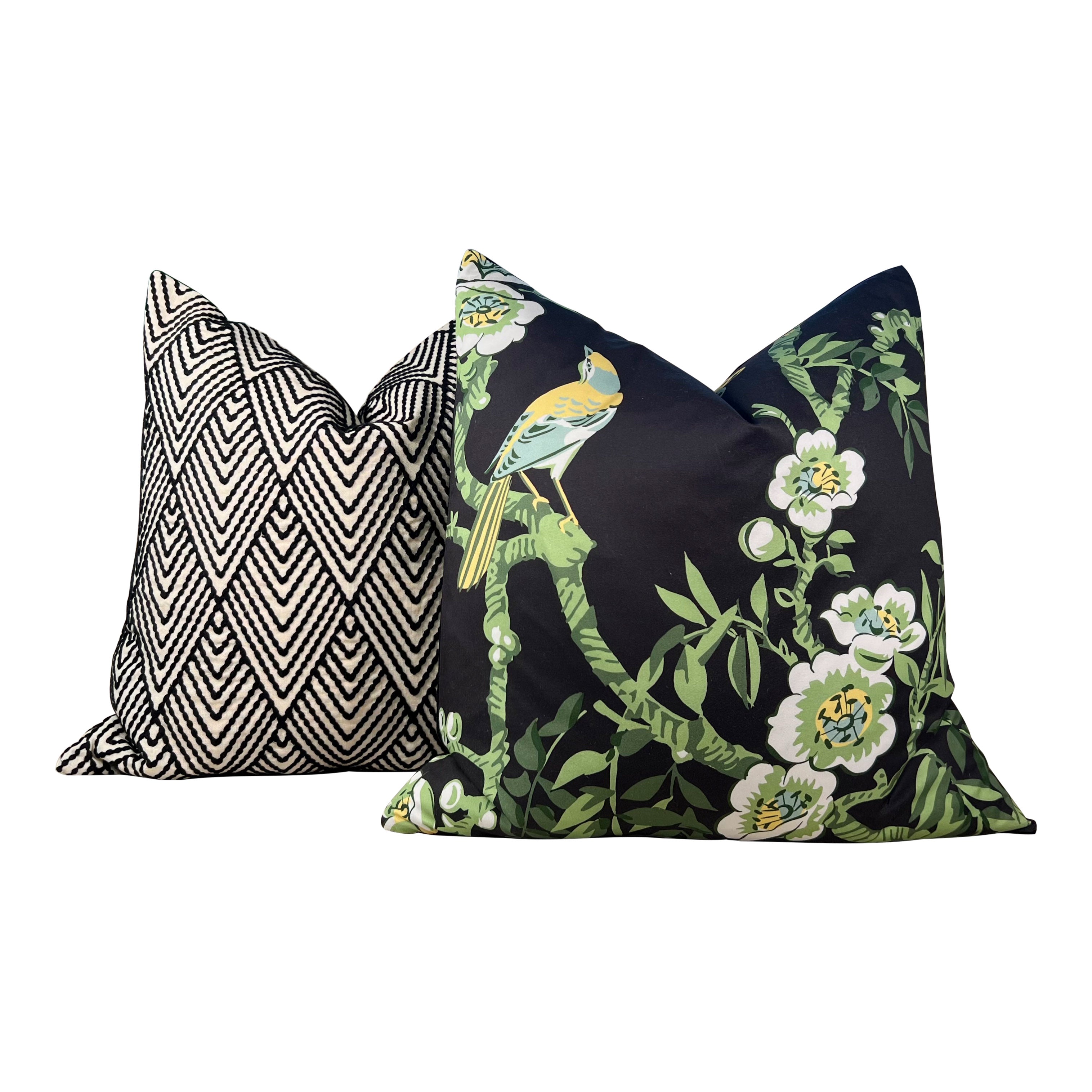 Schumacher Avila Embroidered Pillow in Black, Cream.