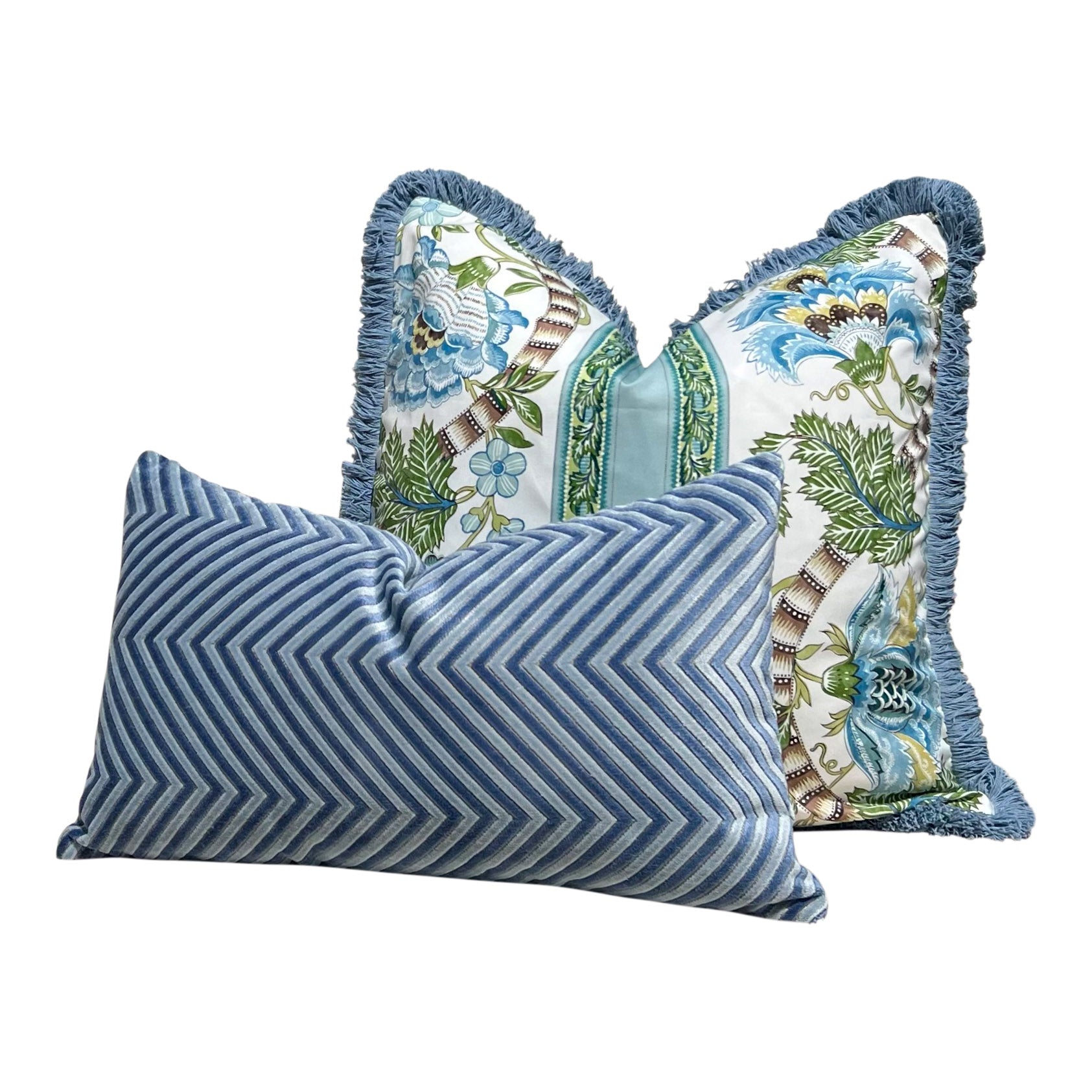 Brunschwig and Fills Lauris Pillow in Aqua and Green with Blue Brush Trim.