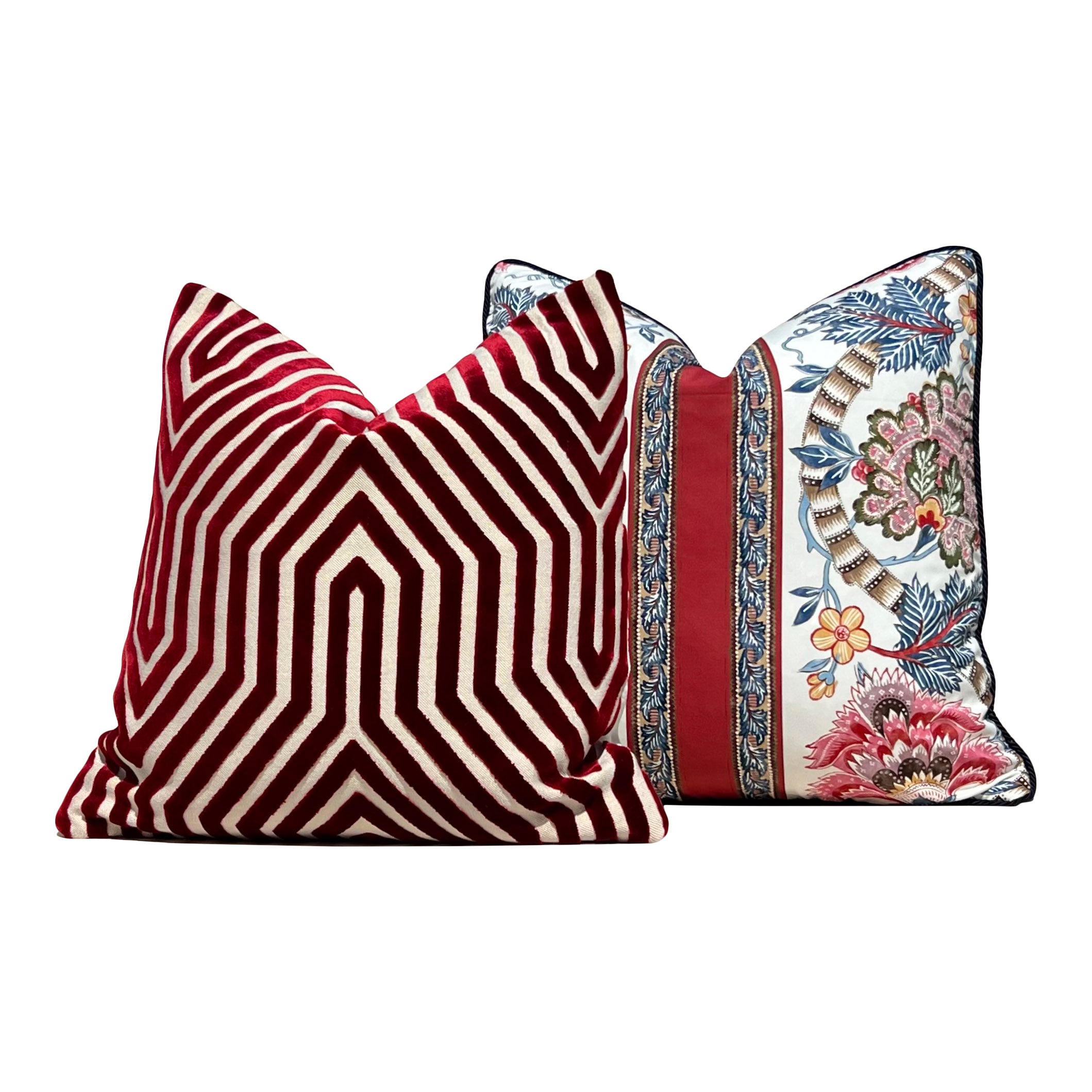 Brunschwig and Fills Lauris Pillow in Red and Blue with Twisted Cord Trim