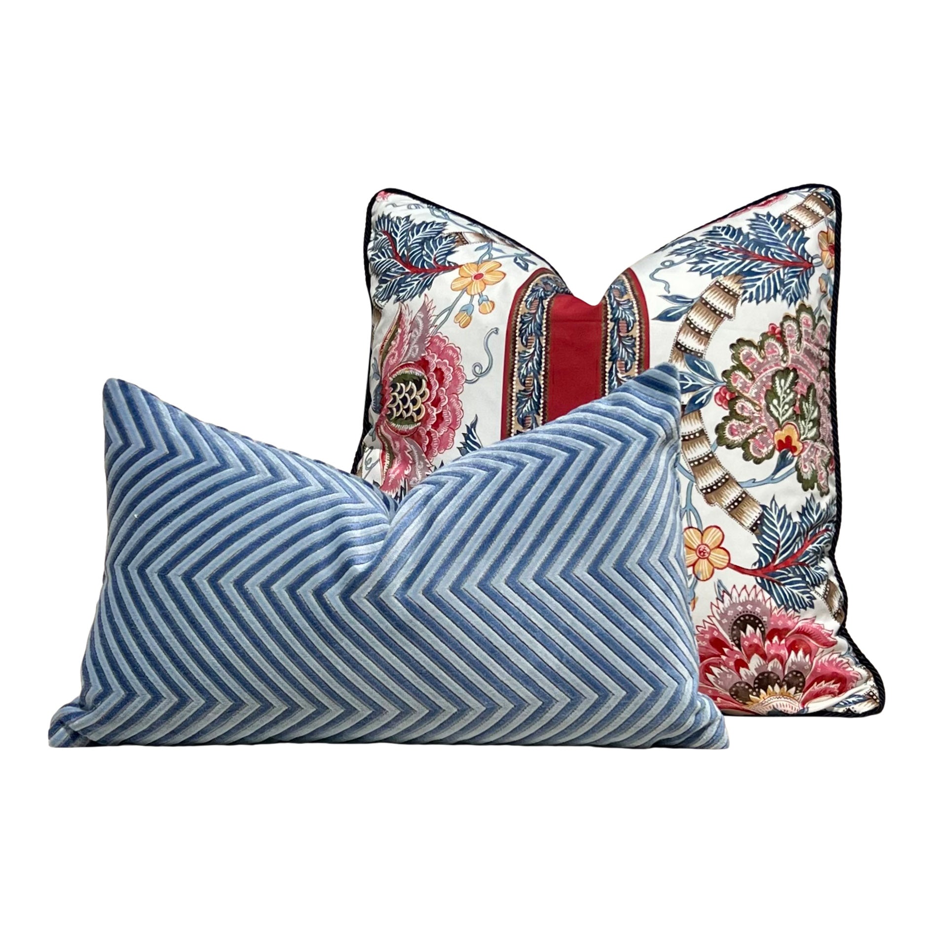 Brunschwig and Fills Lauris Pillow in Red and Blue with Twisted Cord Trim