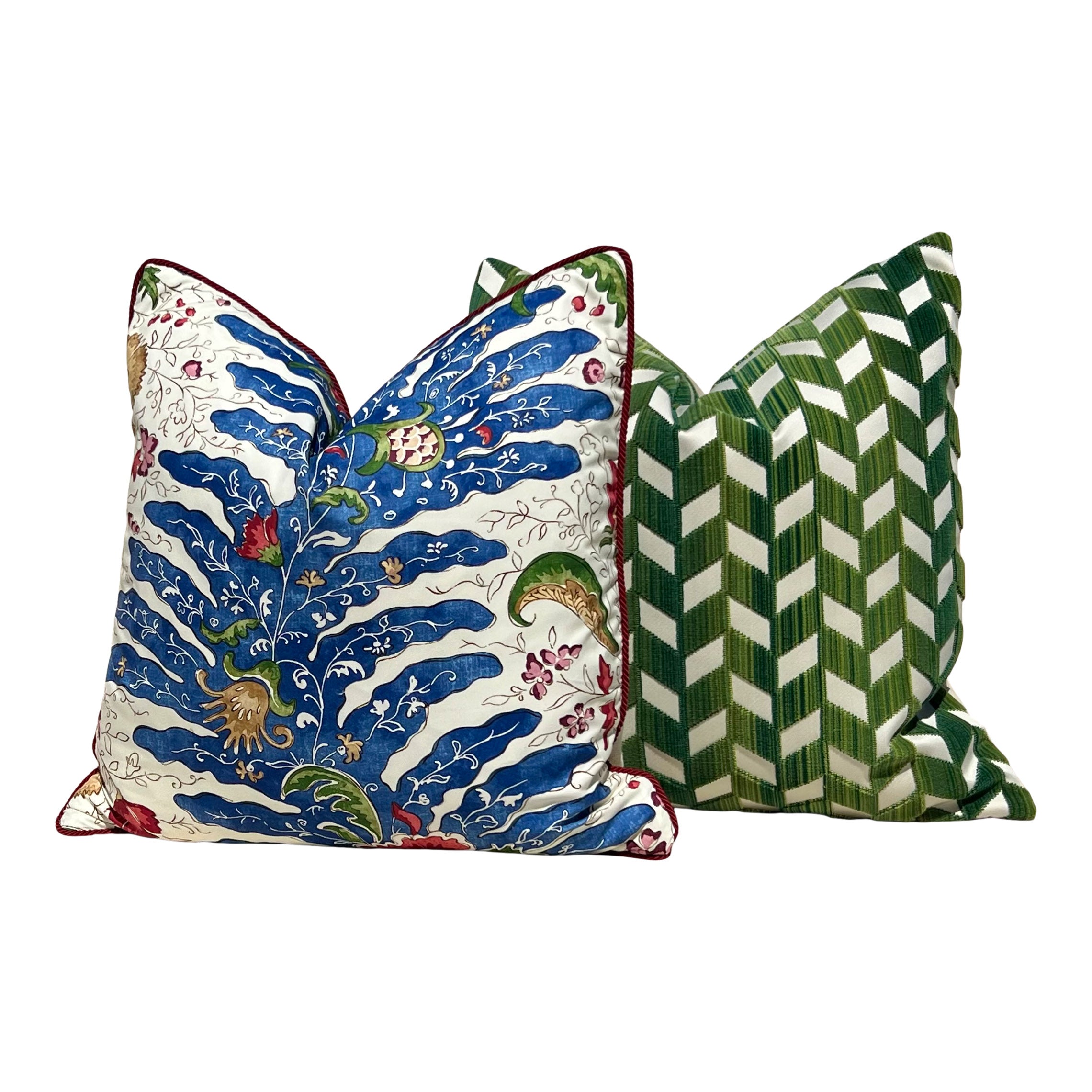 Brunschwig and Fills Riviere Pillow in Red and Blue with Red Twisted Cord Trim.