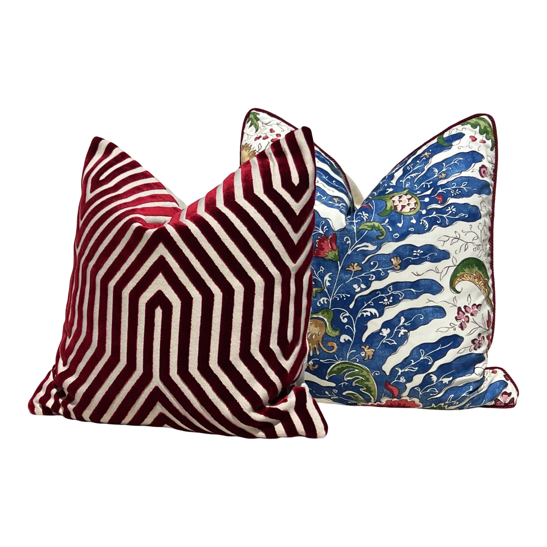 Brunschwig and Fills Riviere Pillow in Red and Blue with Red Twisted Cord Trim.