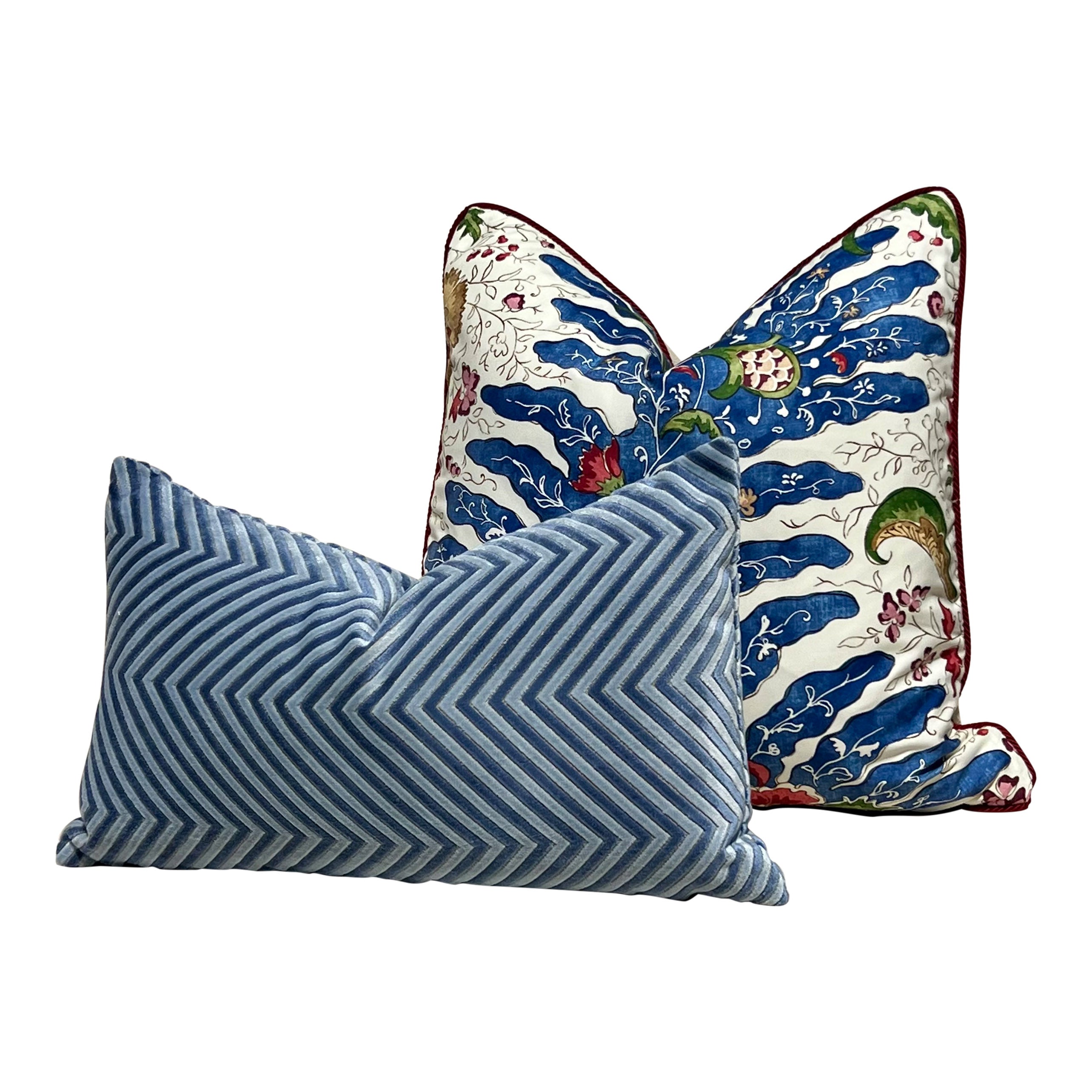 Brunschwig and Fills Riviere Pillow in Red and Blue with Red Twisted Cord Trim.