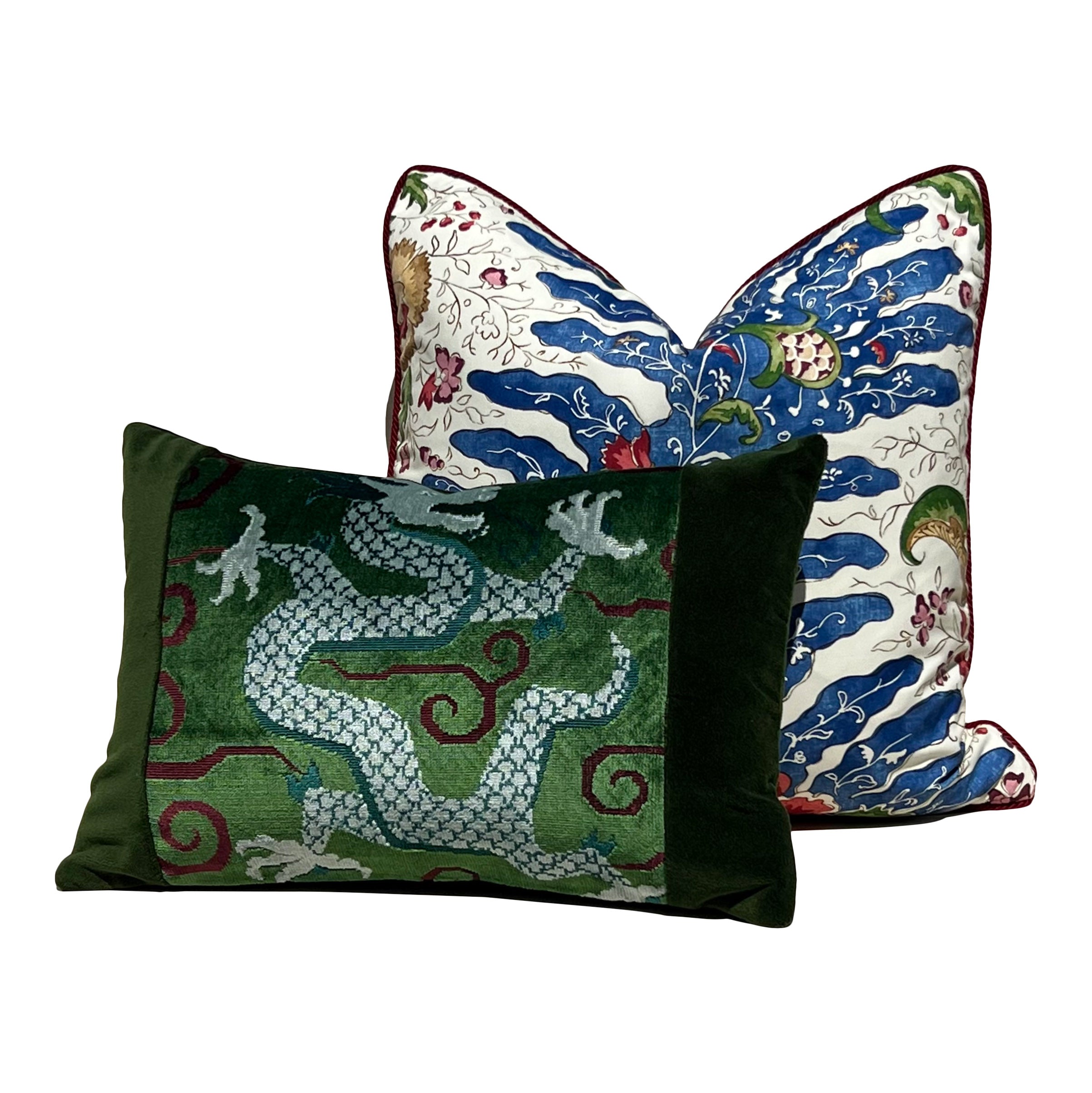 Brunschwig and Fills Riviere Pillow in Red and Blue with Red Twisted Cord Trim.