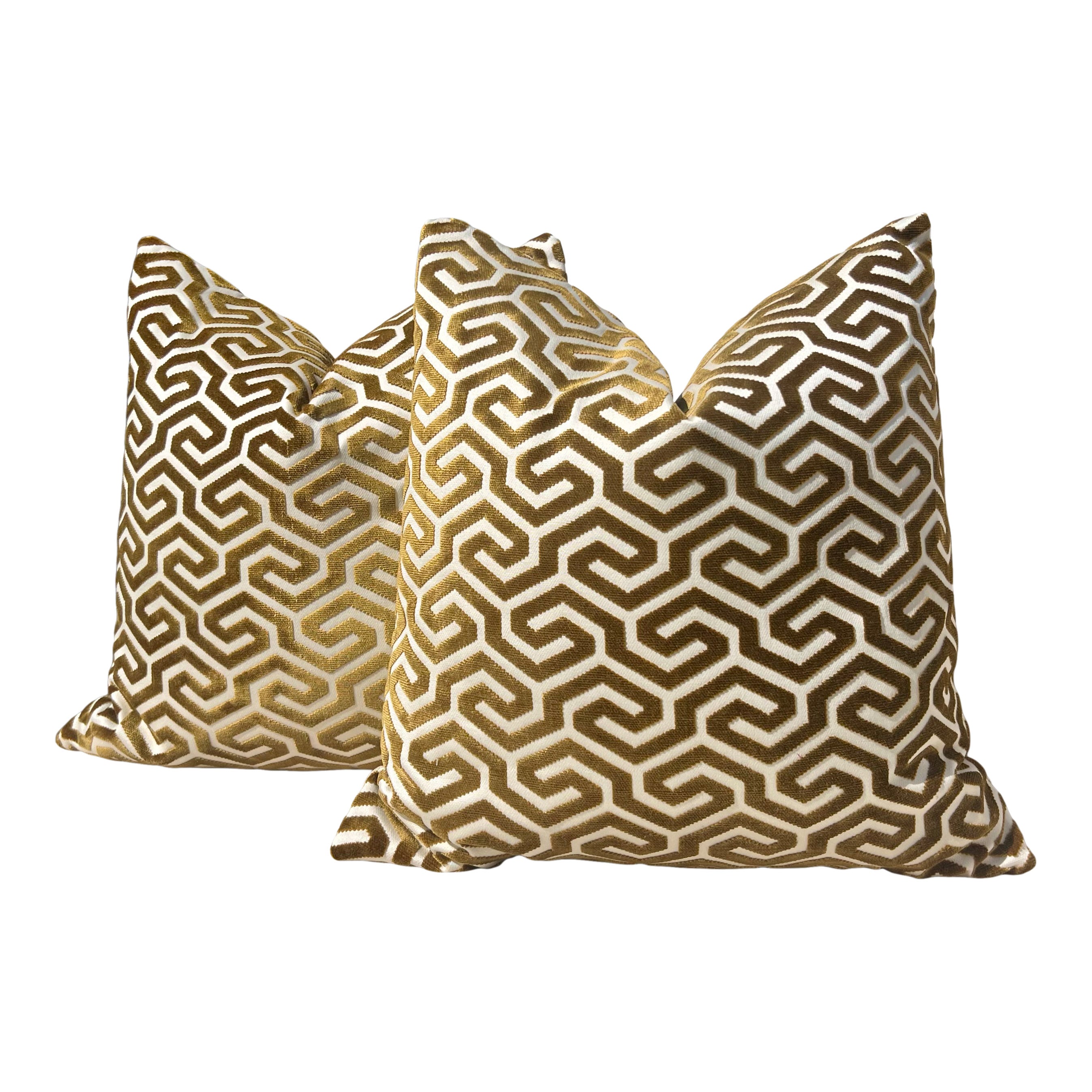 Schumacher Ming Fret Velvet Pillow in Bronze