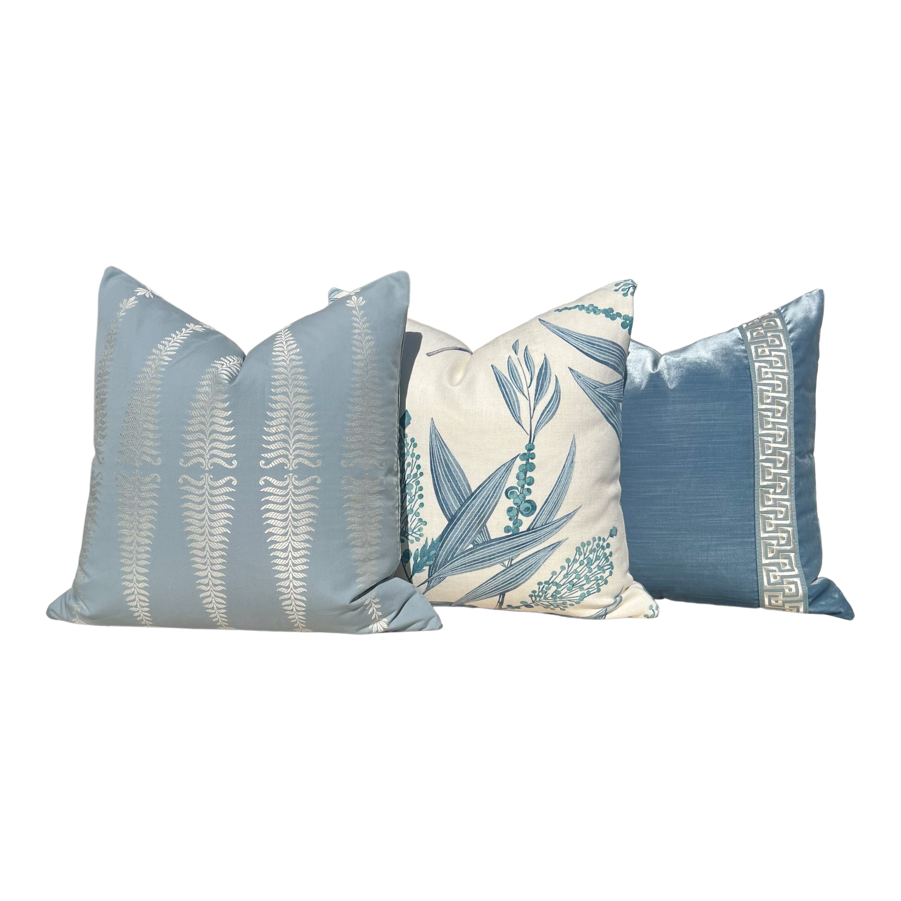 Designer Velvet Pillow in Blue with Greek Key Tape.