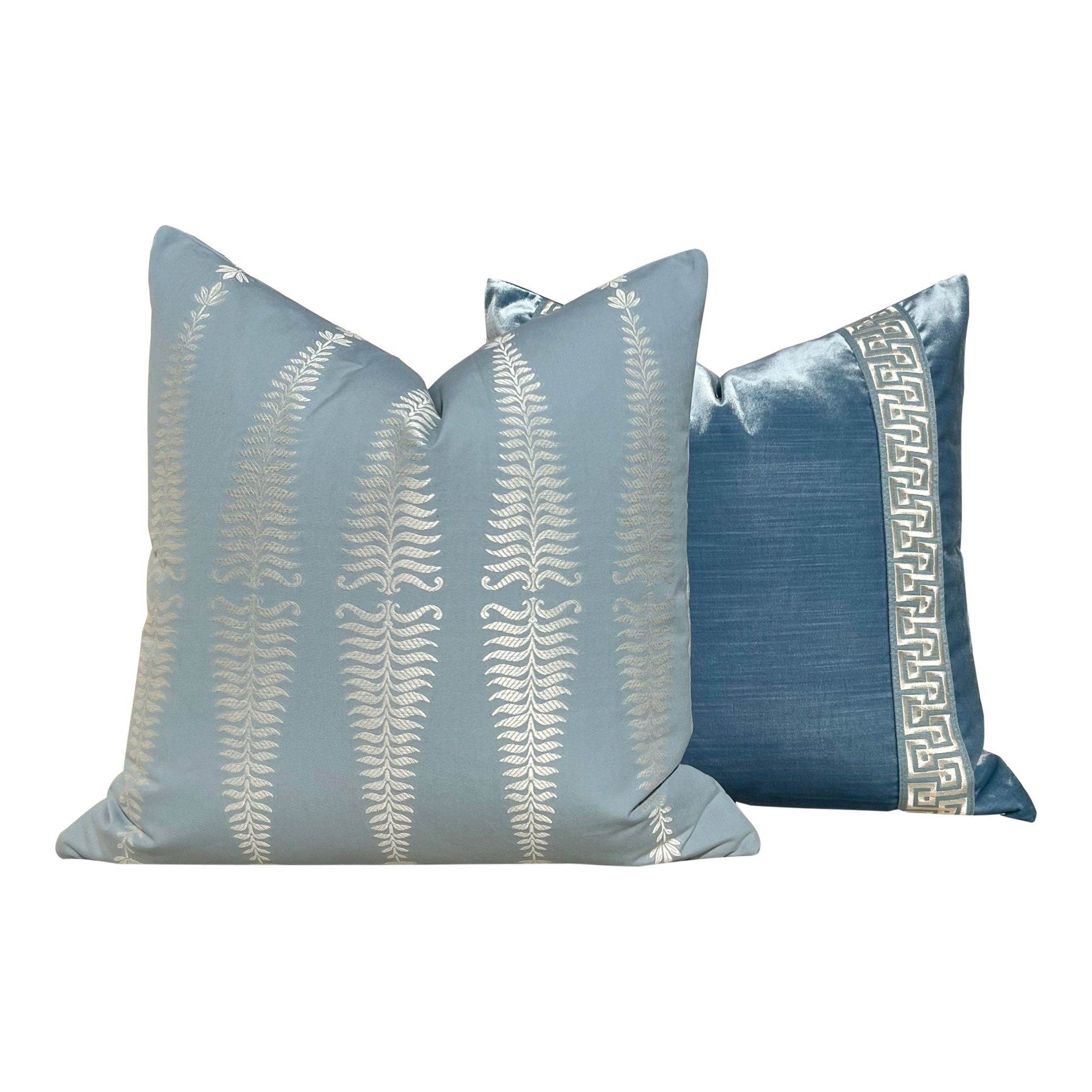 Designer Velvet Pillow in Blue with Greek Key Tape.