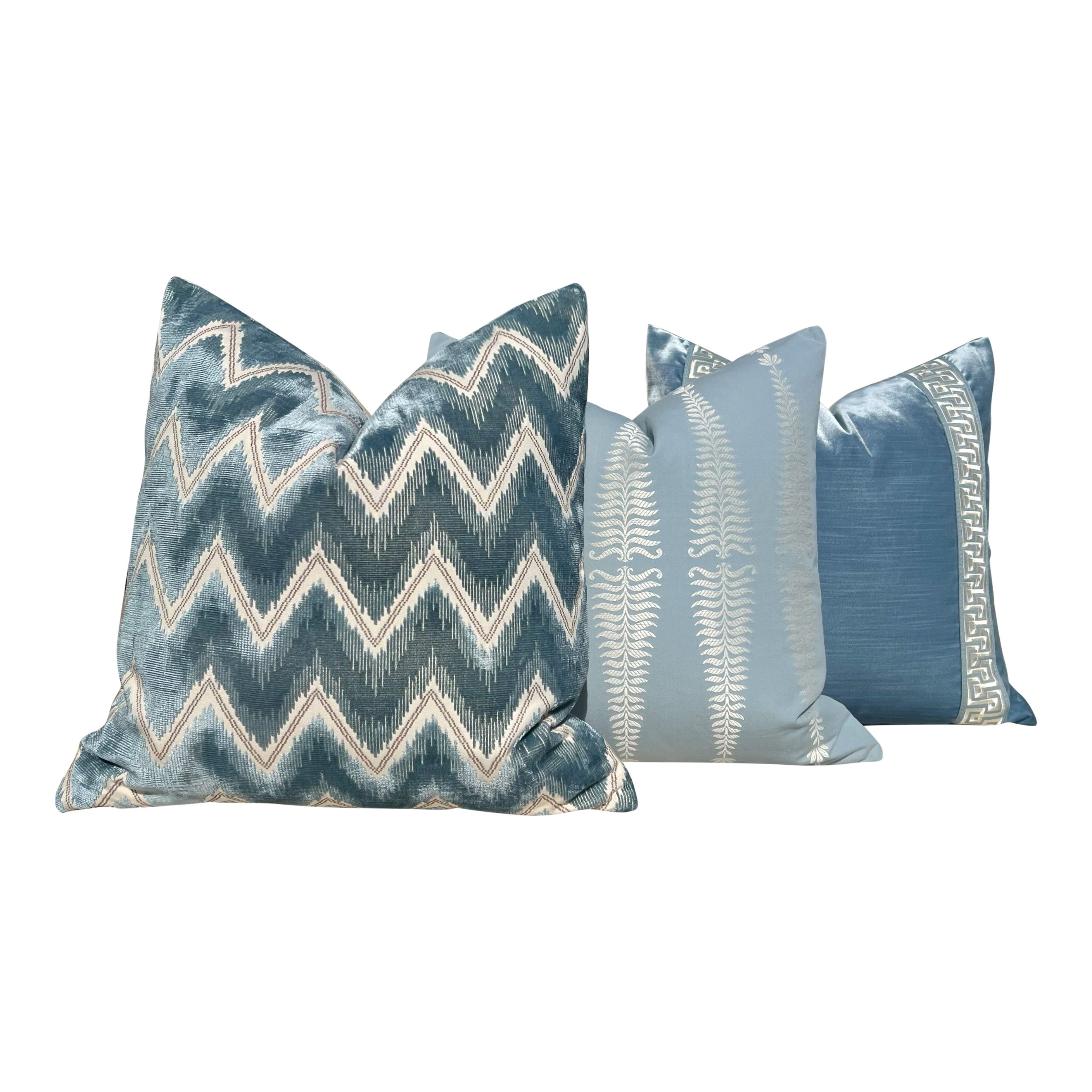 Designer Velvet Pillow in Blue with Greek Key Tape.