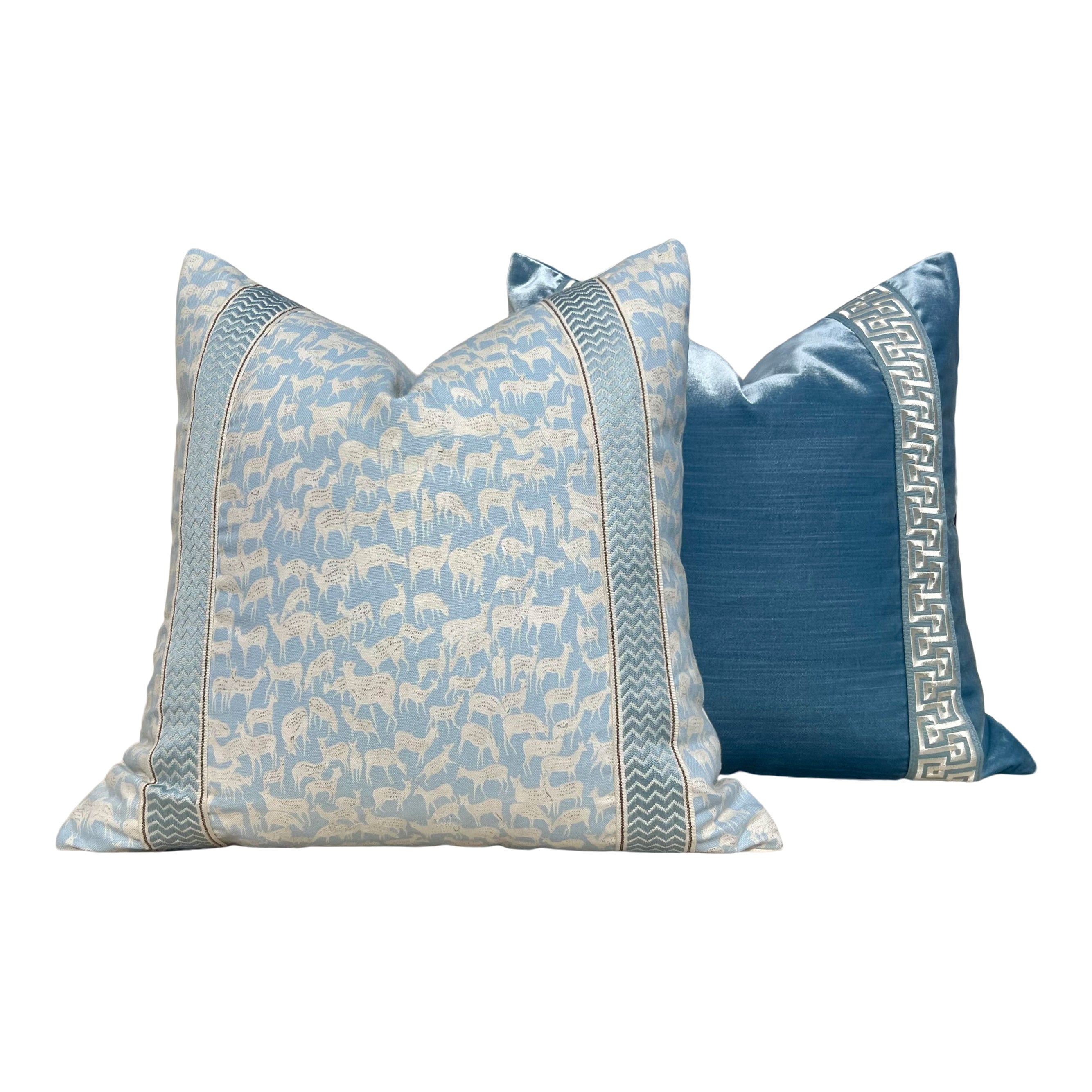 Designer Velvet Pillow in Blue with Greek Key Tape.