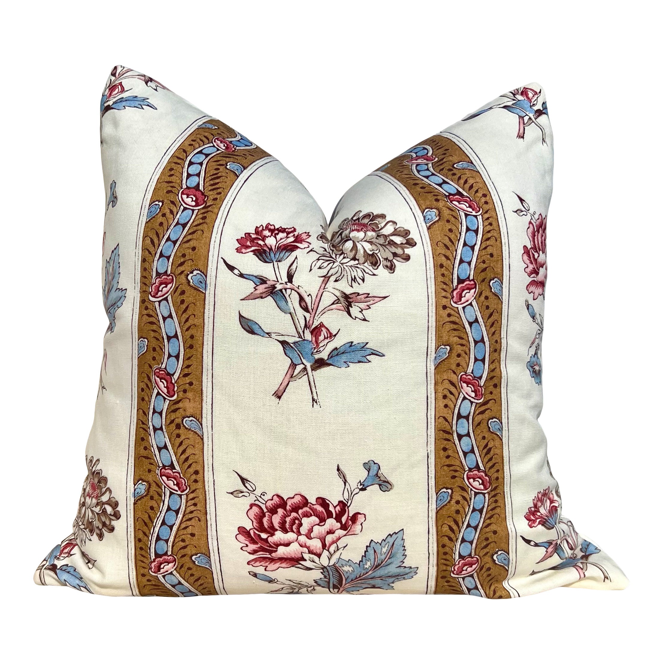 Schumacher Ariana Floral Stripe Linen Pillow in Document