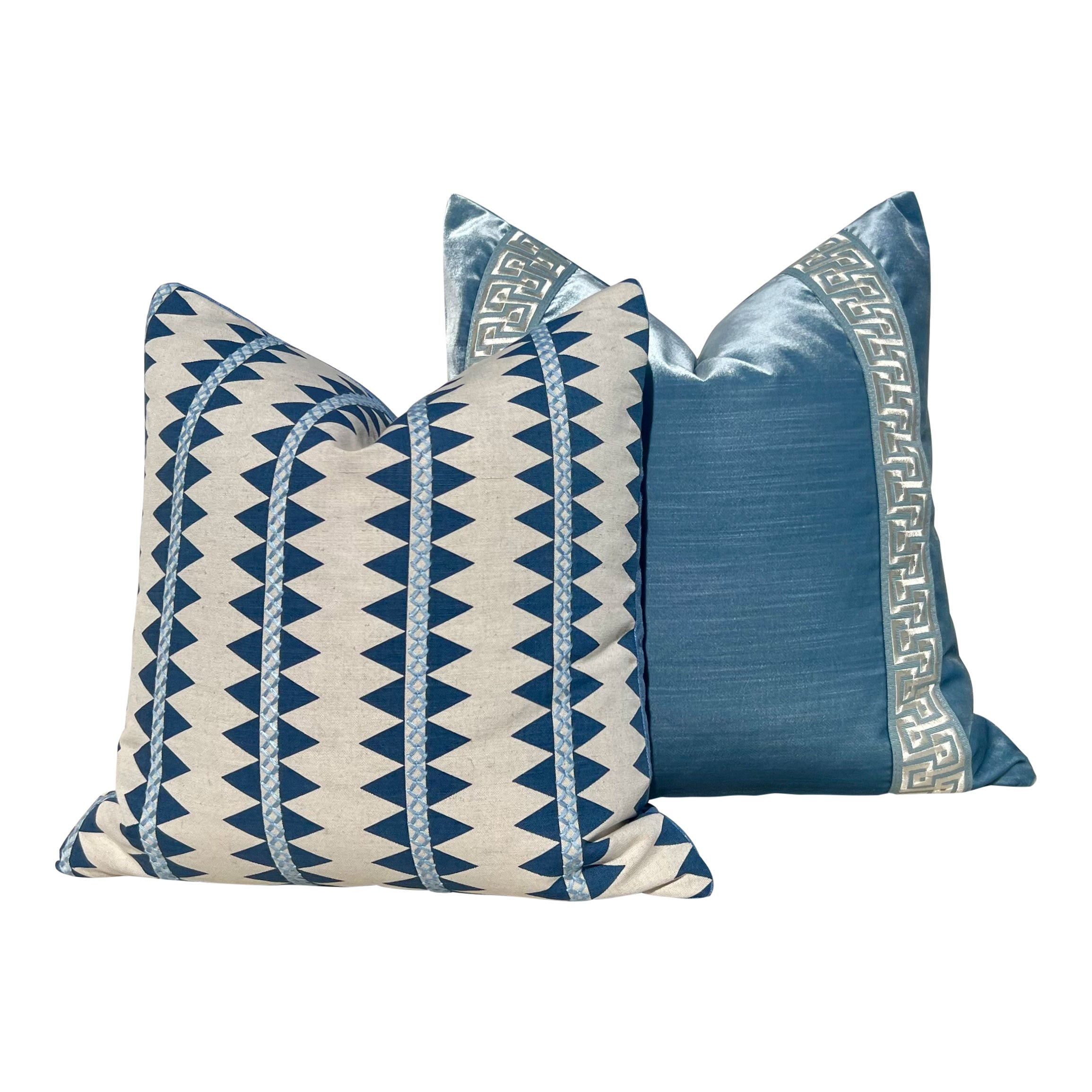 Designer Velvet Pillow in Blue with Greek Key Tape.