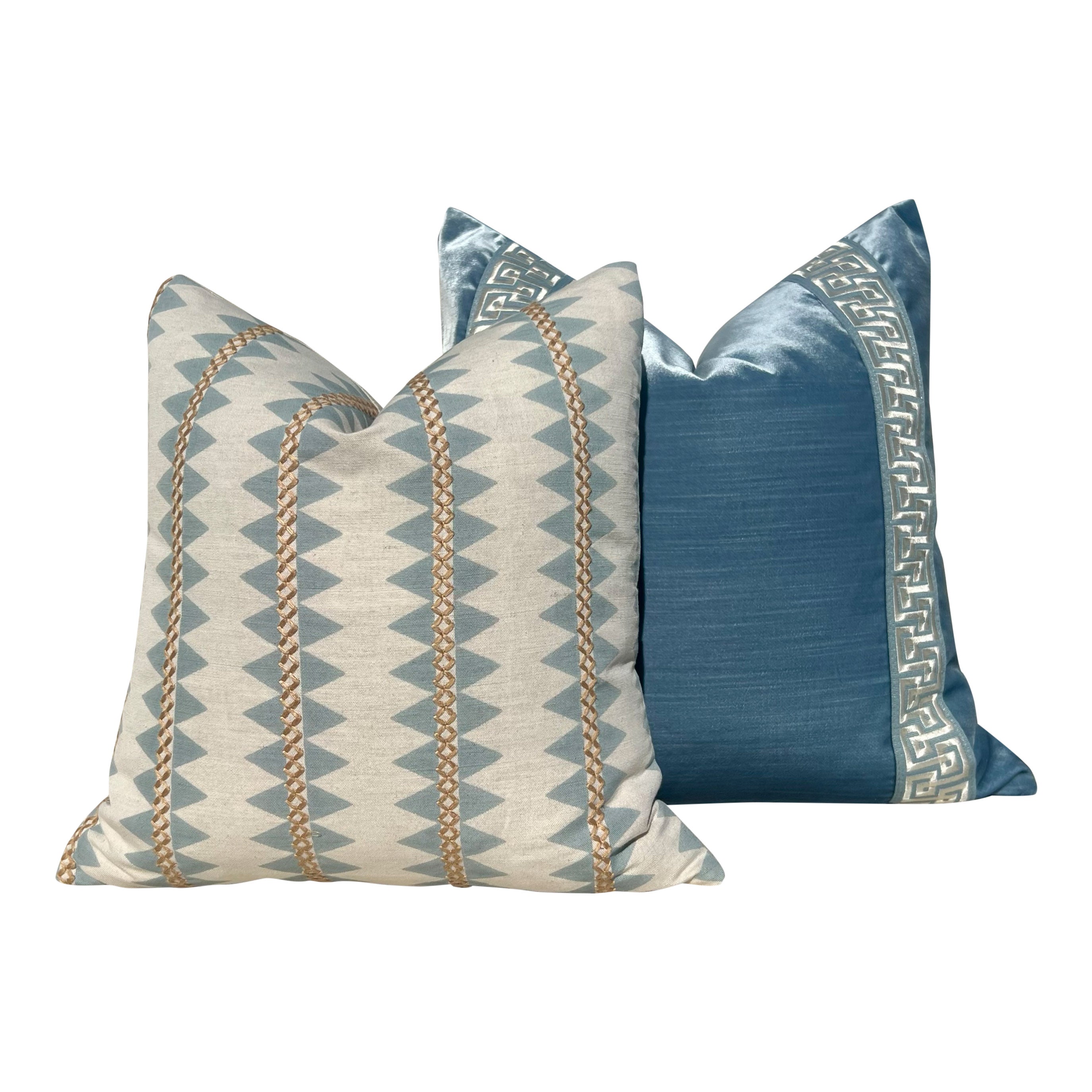 Designer Velvet Pillow in Blue with Greek Key Tape.
