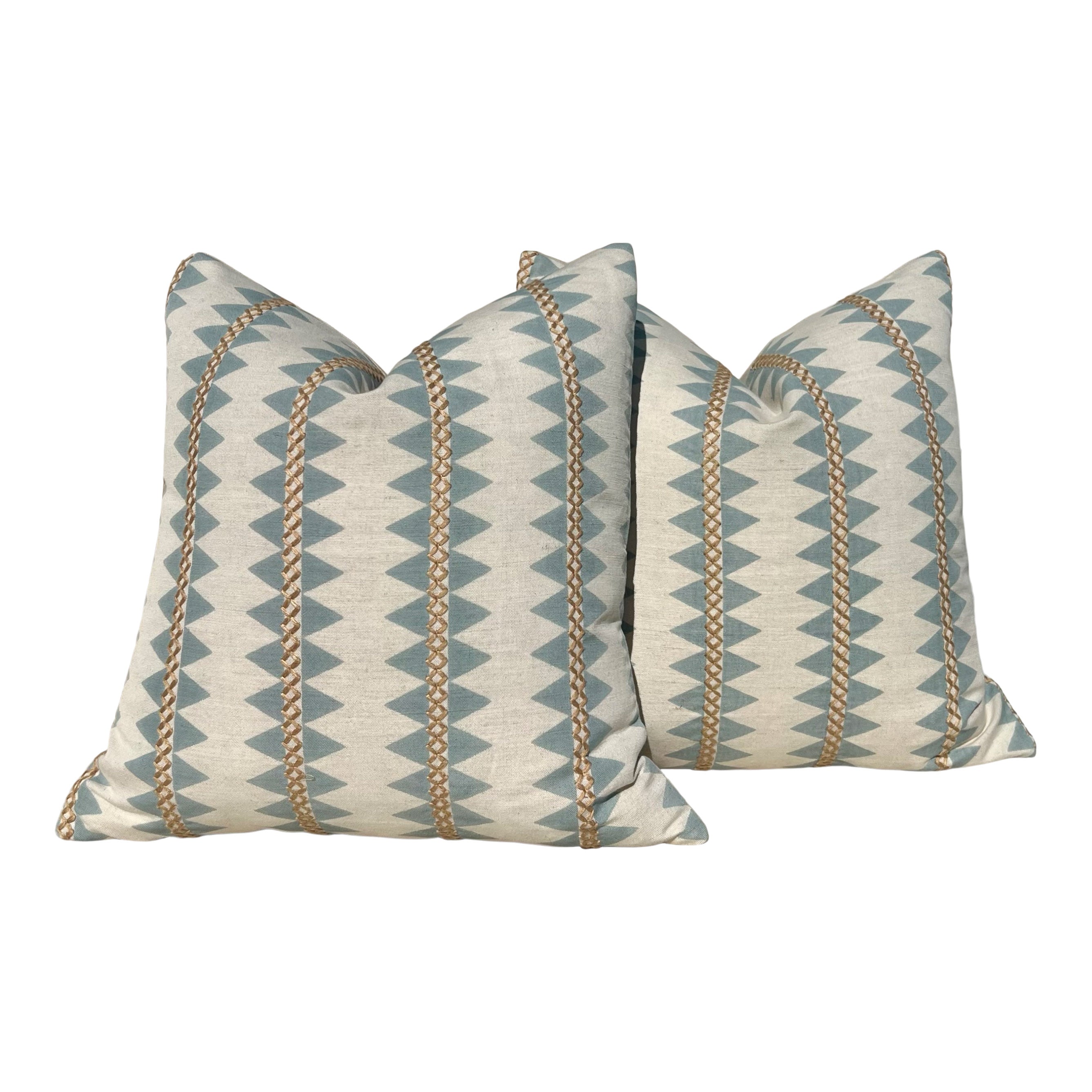 Thibaut Reno Stripe Embroidered Pillow in Spa Blue and Gold